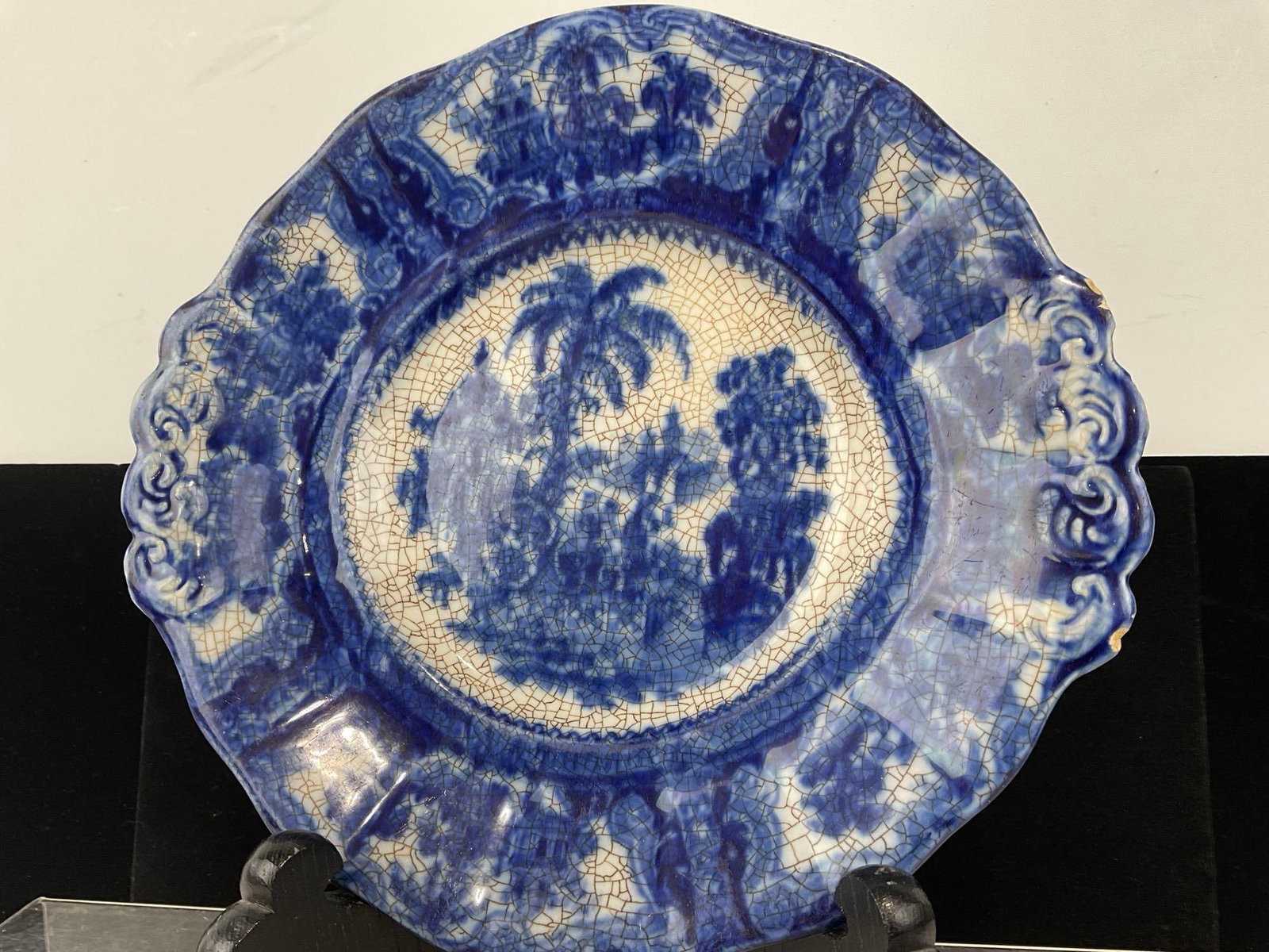 Antique W. Adams & Co. Kyber Pattern Flow Blue Plate, Ironstone Transferware, 2h x 11w x 10d inches - 2