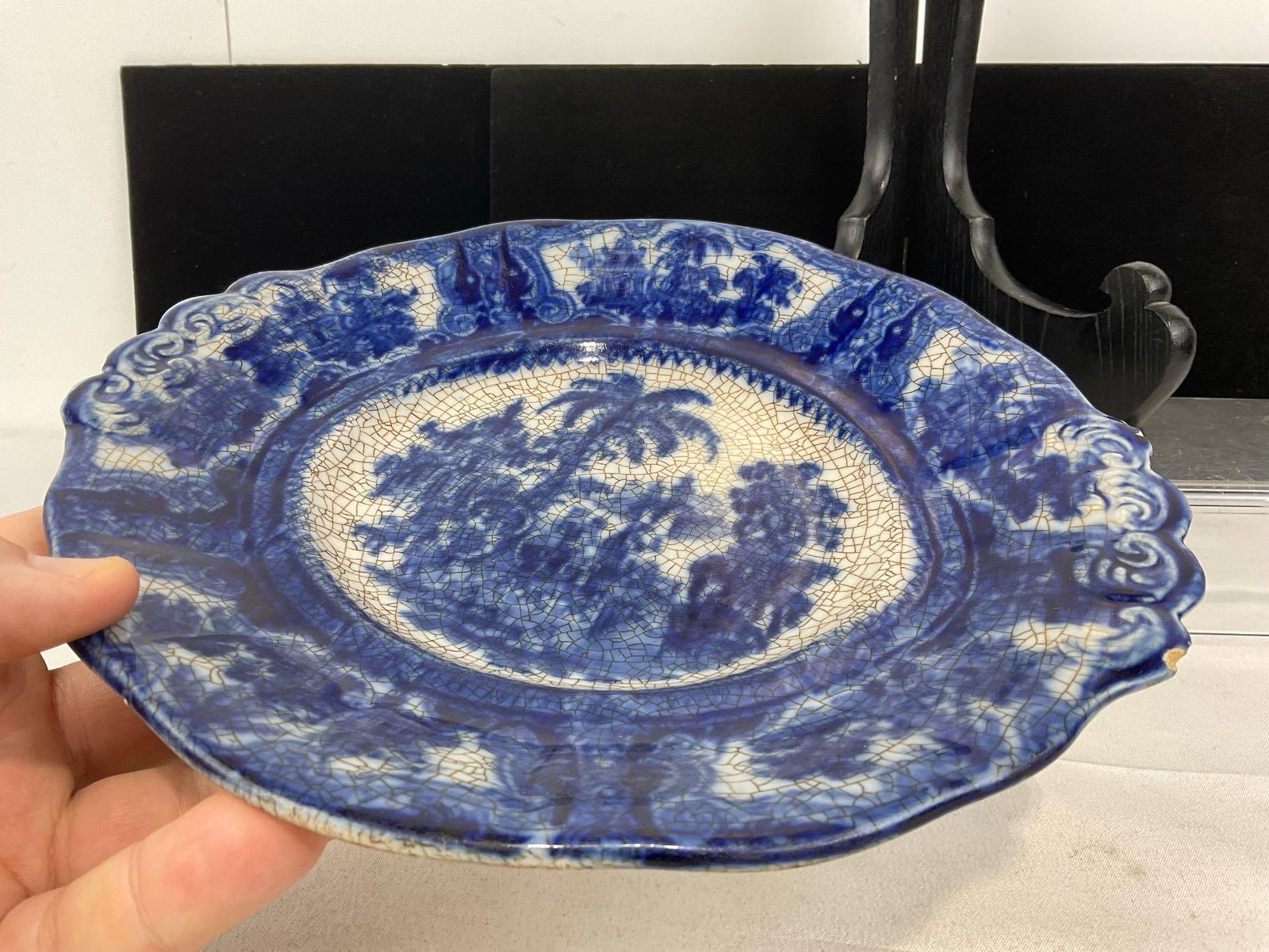 Antique W. Adams & Co. Kyber Pattern Flow Blue Plate, Ironstone Transferware, 2h x 11w x 10d inches - 3