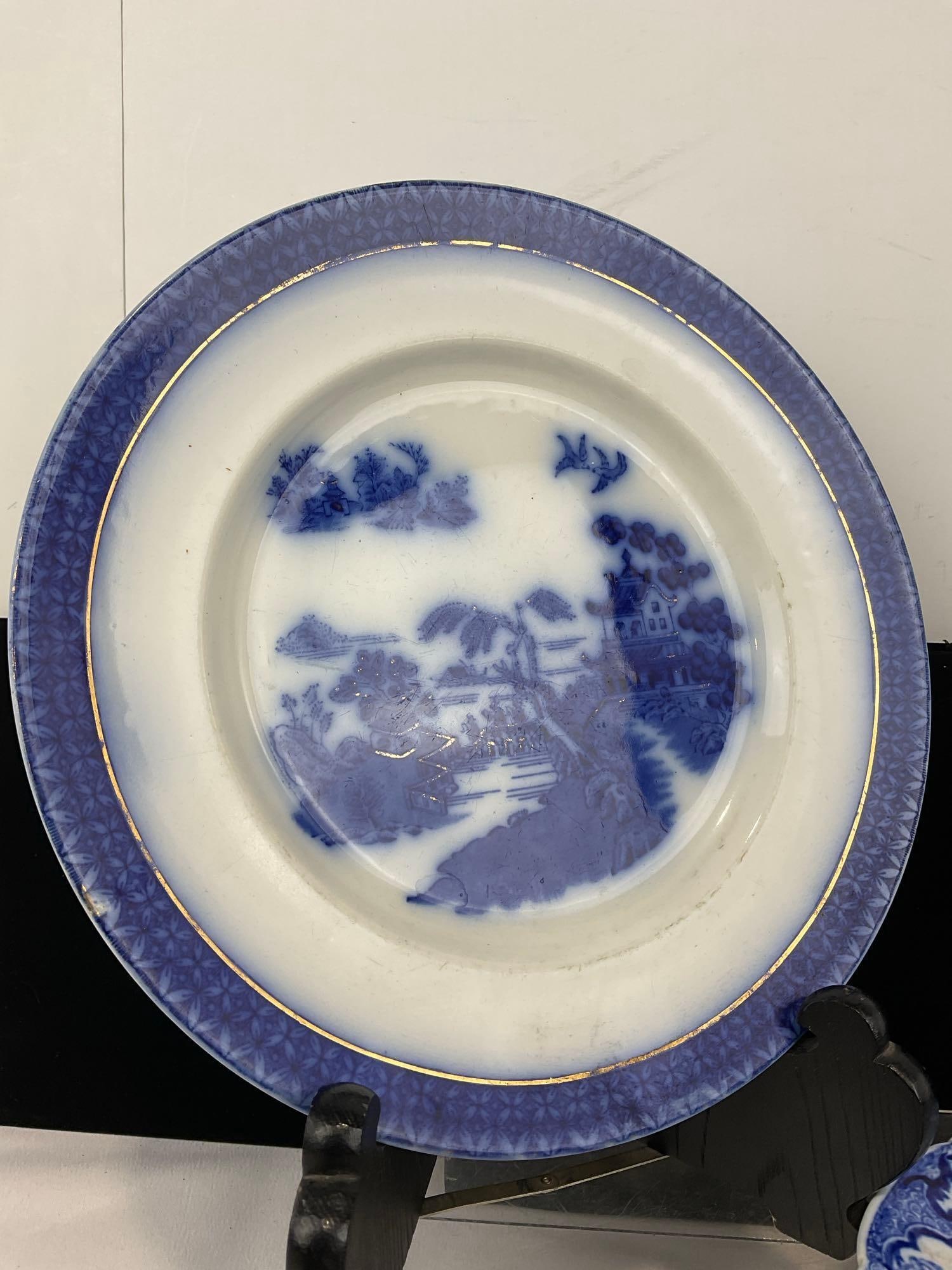 3 Flow Blue & Transferware Plates, Wood & Sons Pekin Pattern, W.H.Grindley & Co, & Cauldon Candia - 4