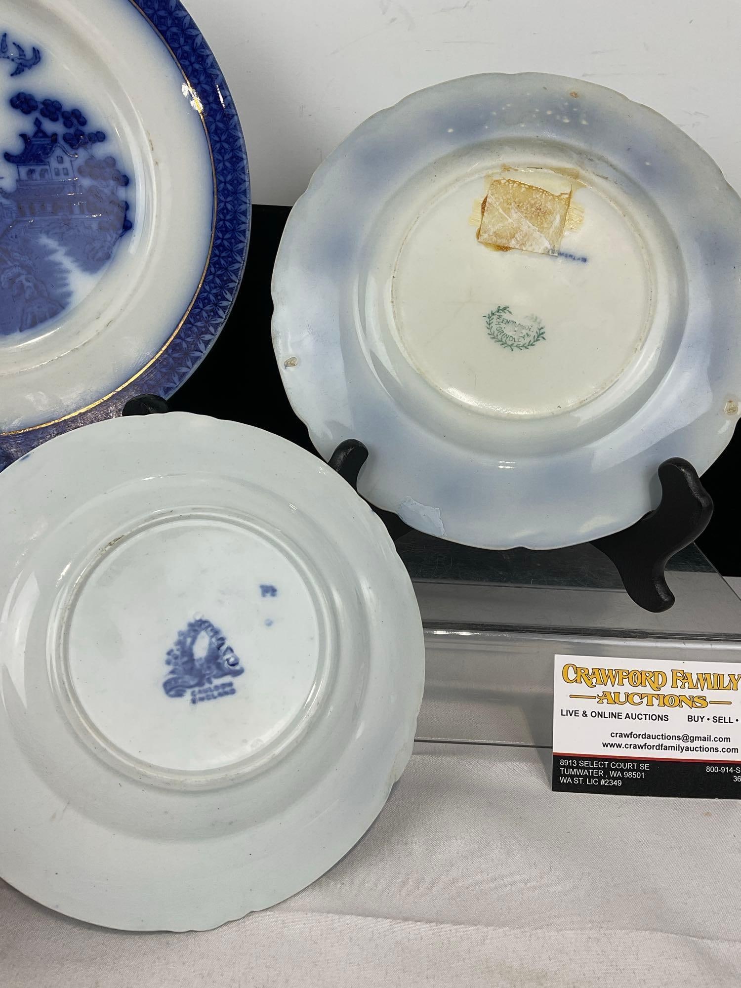 3 Flow Blue & Transferware Plates, Wood & Sons Pekin Pattern, W.H.Grindley & Co, & Cauldon Candia - 5