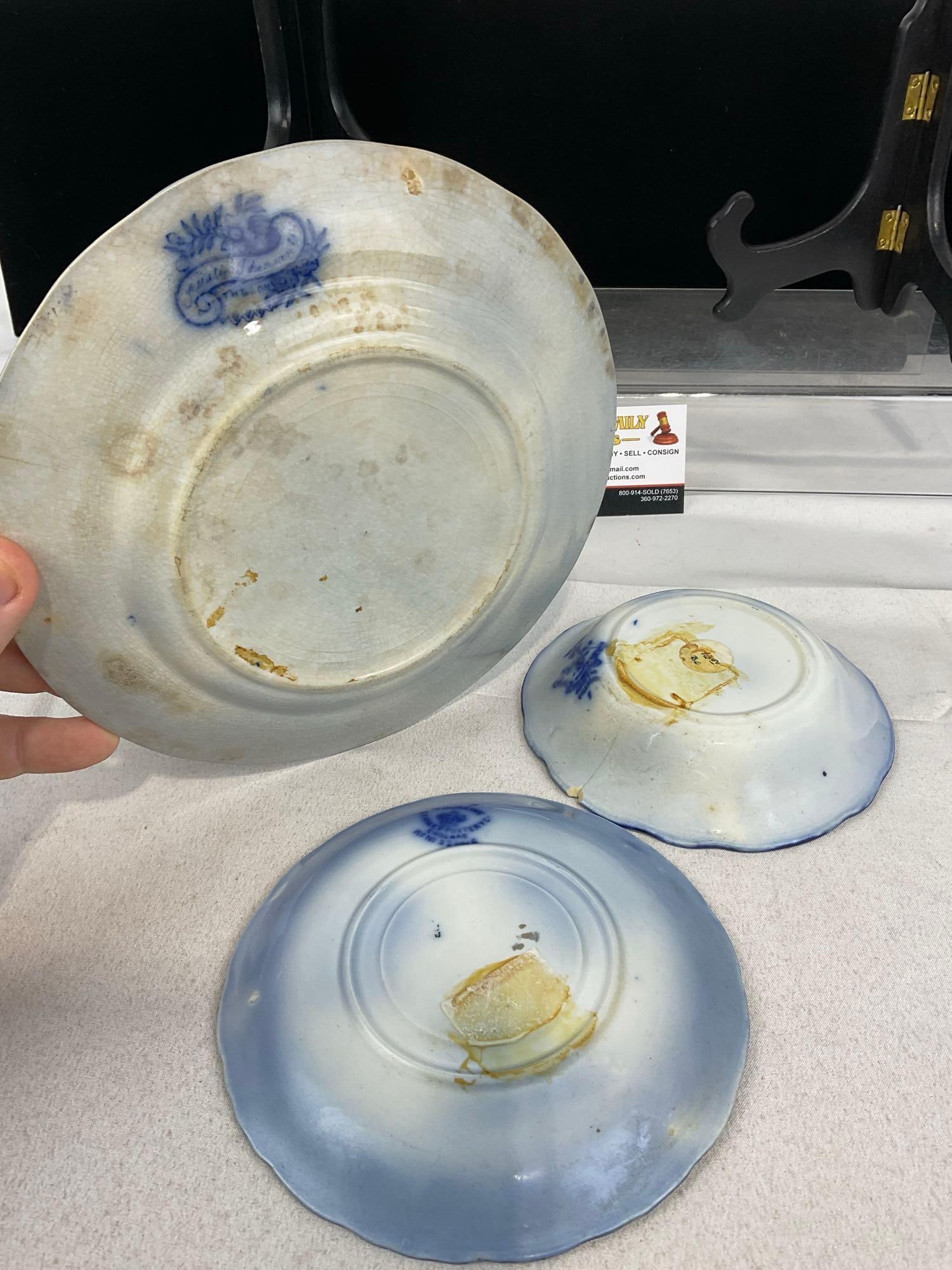 Antique Flow Blue Transferware Plate, Bowl & Saucer, Thomas Hughes & Son, New Wharf Pottery Waldorf - 5