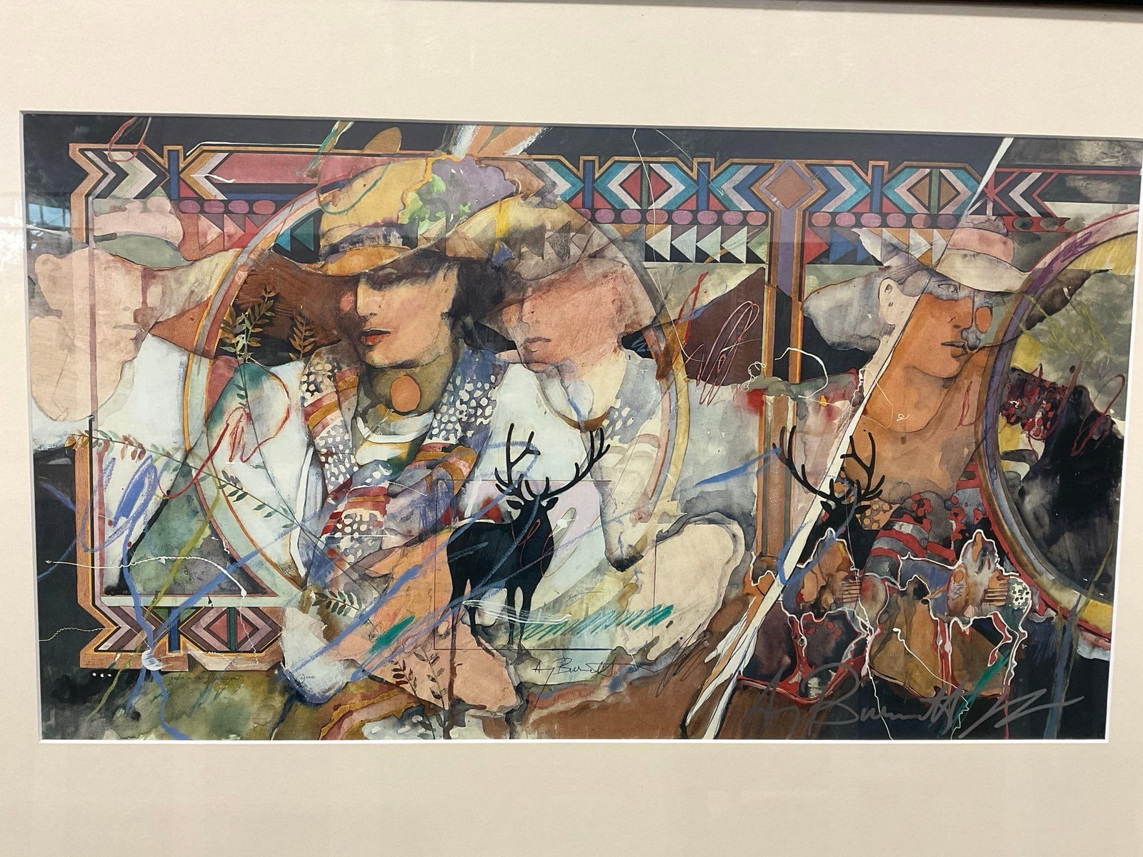 Framed Signed Litho titled From A Train Window by Amy Burnett 1991 PNW artist, 22h x 33w x 3d inc...: Large silver paint pen signature across the bottom. Appears to be in good shape. The piece measures approx 22h x 33w x 3d inches. See pics. E-5600 Valued 1500-2500 
