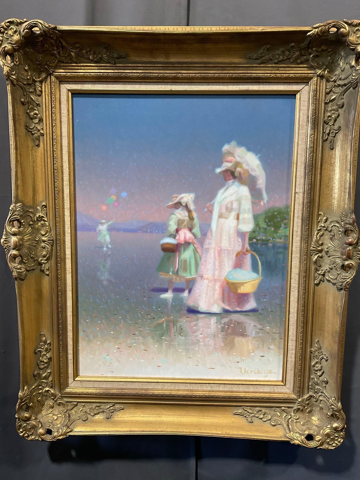 Framed Oil on Canvas, Victorian style Beach Scene by James Verdugo, (1932-2010), 34h x 28w inches: Large ornate giltwood frame. Piece is signed in the lower right corner. Appears to be in good shape. The piece measures approx 34h x 28w x 5d inches. See pics. E-5600 Valued 2500-4000 