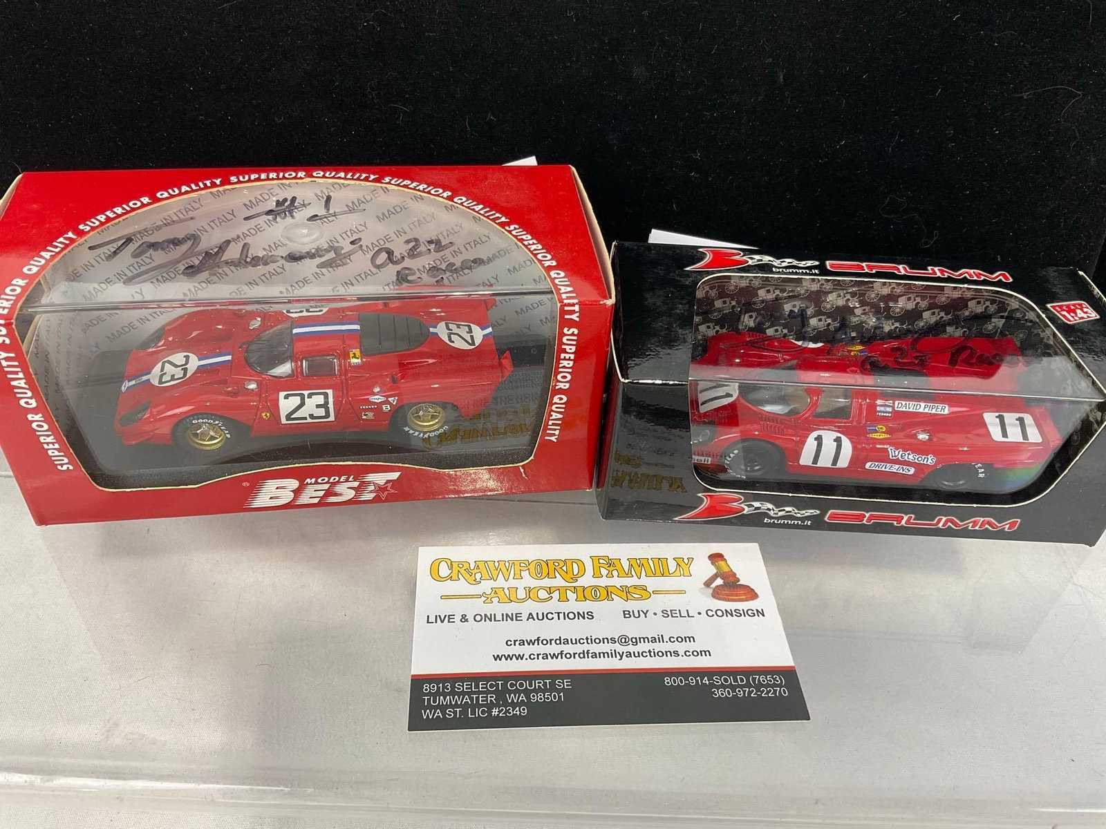 2 1/43 Scale Diecast Cars, 1970s Porsche 917K & Ferrari 312P Coupe, Tony Adamovicz & David Piper: Both are signed by Tony Adamovicz & David Piper. All comes from the same collection. Appears to be in good shape. The piece measures approx 6h x 7w x 4d inches. See pics. E-5420