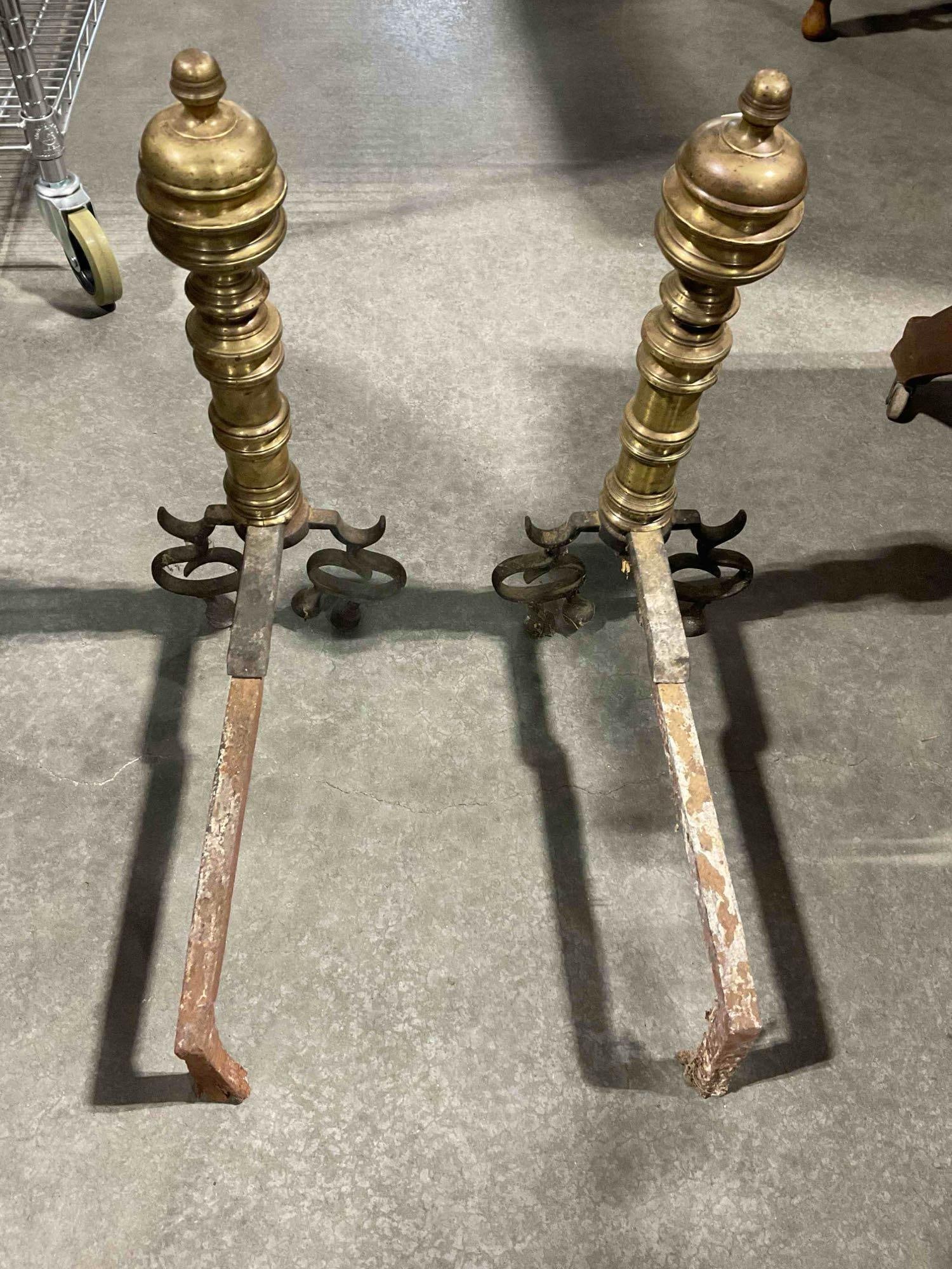 Lovely Pair of Antique Brass & Cast Iron Beehive? Style Andirons. Very Good Condition. See pics. - 5