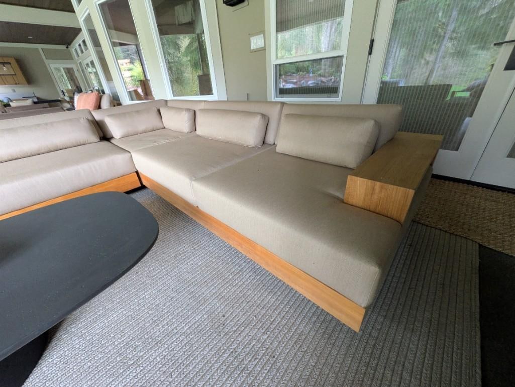 High end Teak 3 pc outdoor L-Shape Sectional couch with lighter tone RH outdoor fabric cushions - 2