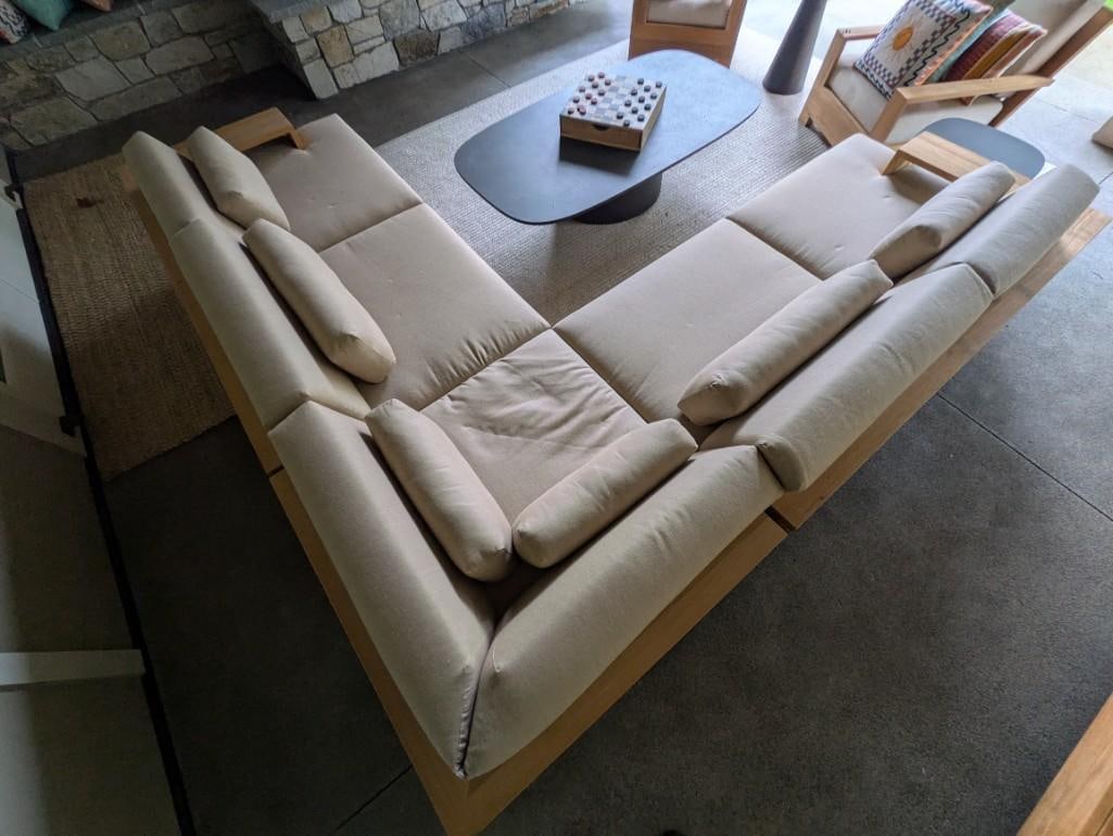 High end Teak 3 pc outdoor L-Shape Sectional couch with lighter tone RH outdoor fabric cushions - 4