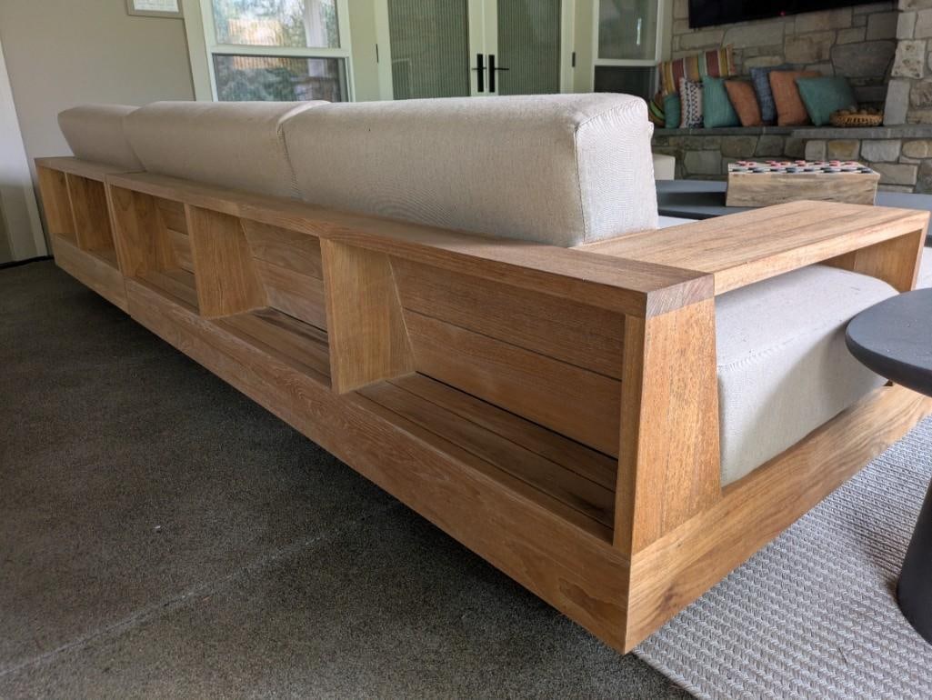 High end Teak 3 pc outdoor L-Shape Sectional couch with lighter tone RH outdoor fabric cushions - 5