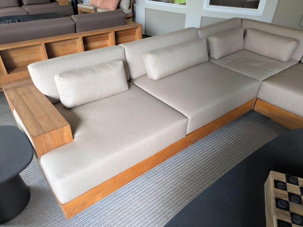 High end Teak 3 pc outdoor L-Shape Sectional couch with lighter tone RH outdoor fabric cushions - 6