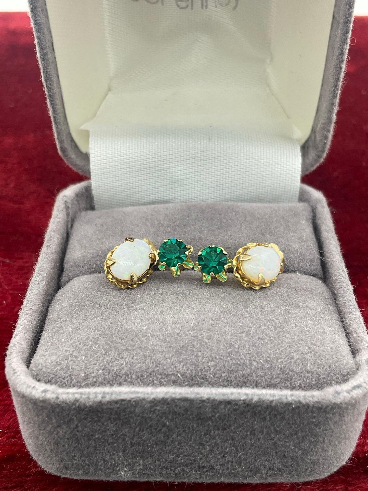 2 x pair of elegant 14k gold post earrings w/ Opal and emerald settings: 1.17 grams 