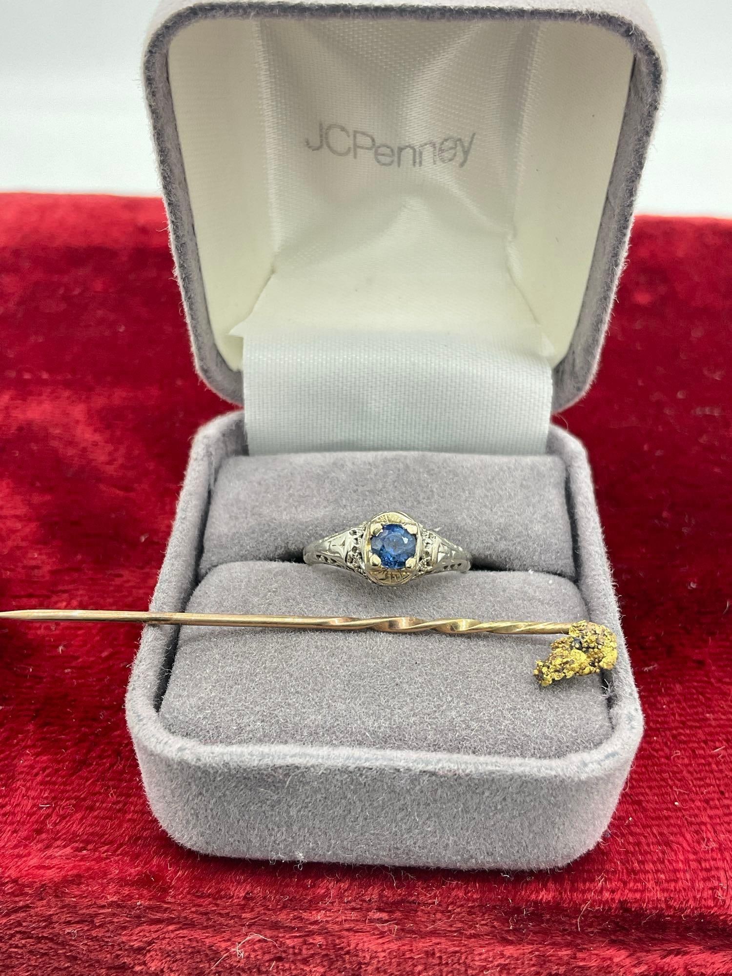Antique 18k white gold womens filigree ring w/ Sapphire Center stone & 14k gold hat pin w/ 22k (1 of 3)