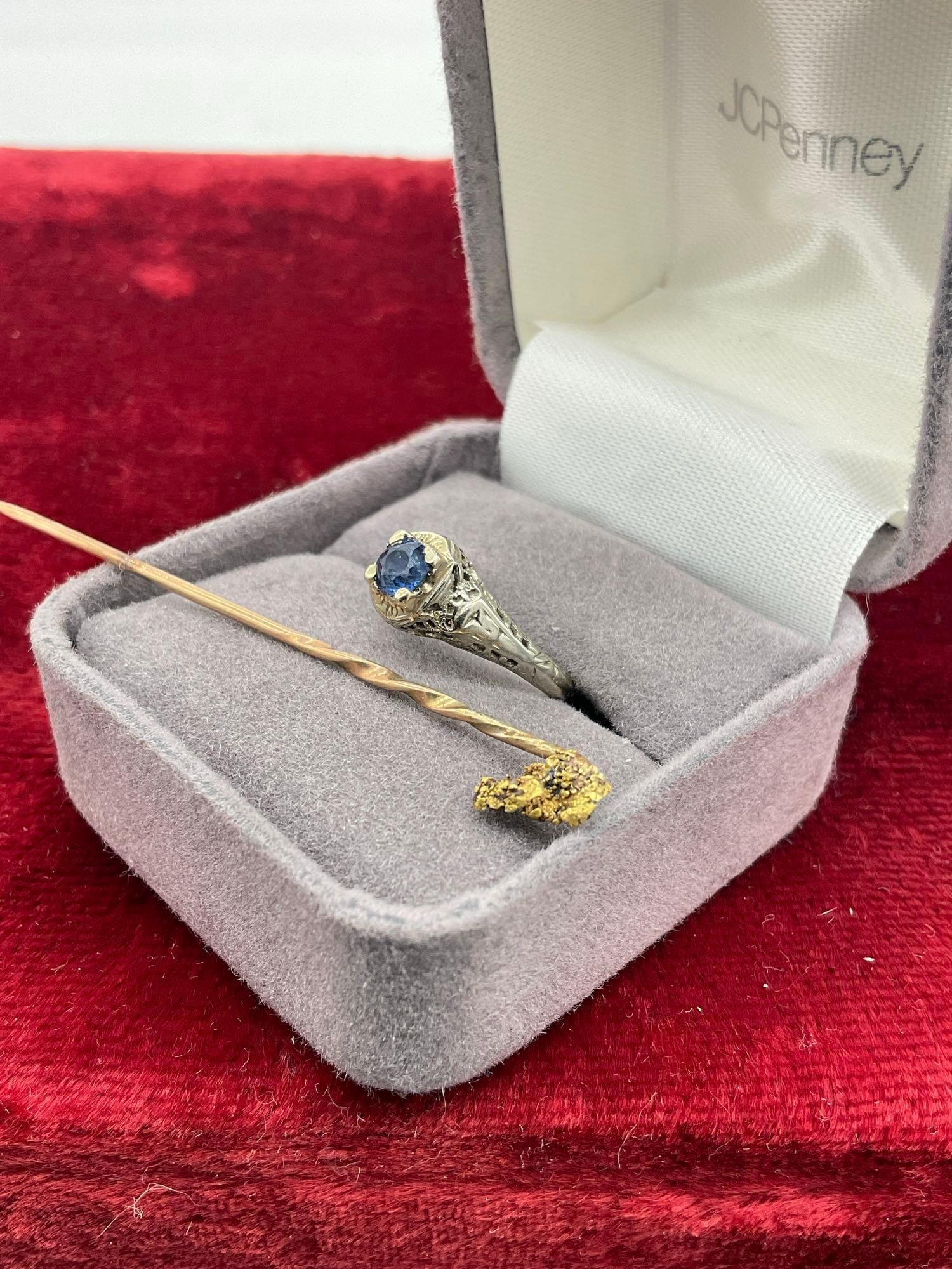 Antique 18k white gold womens filigree ring w/ Sapphire Center stone & 14k gold hat pin w/ 22k - 2