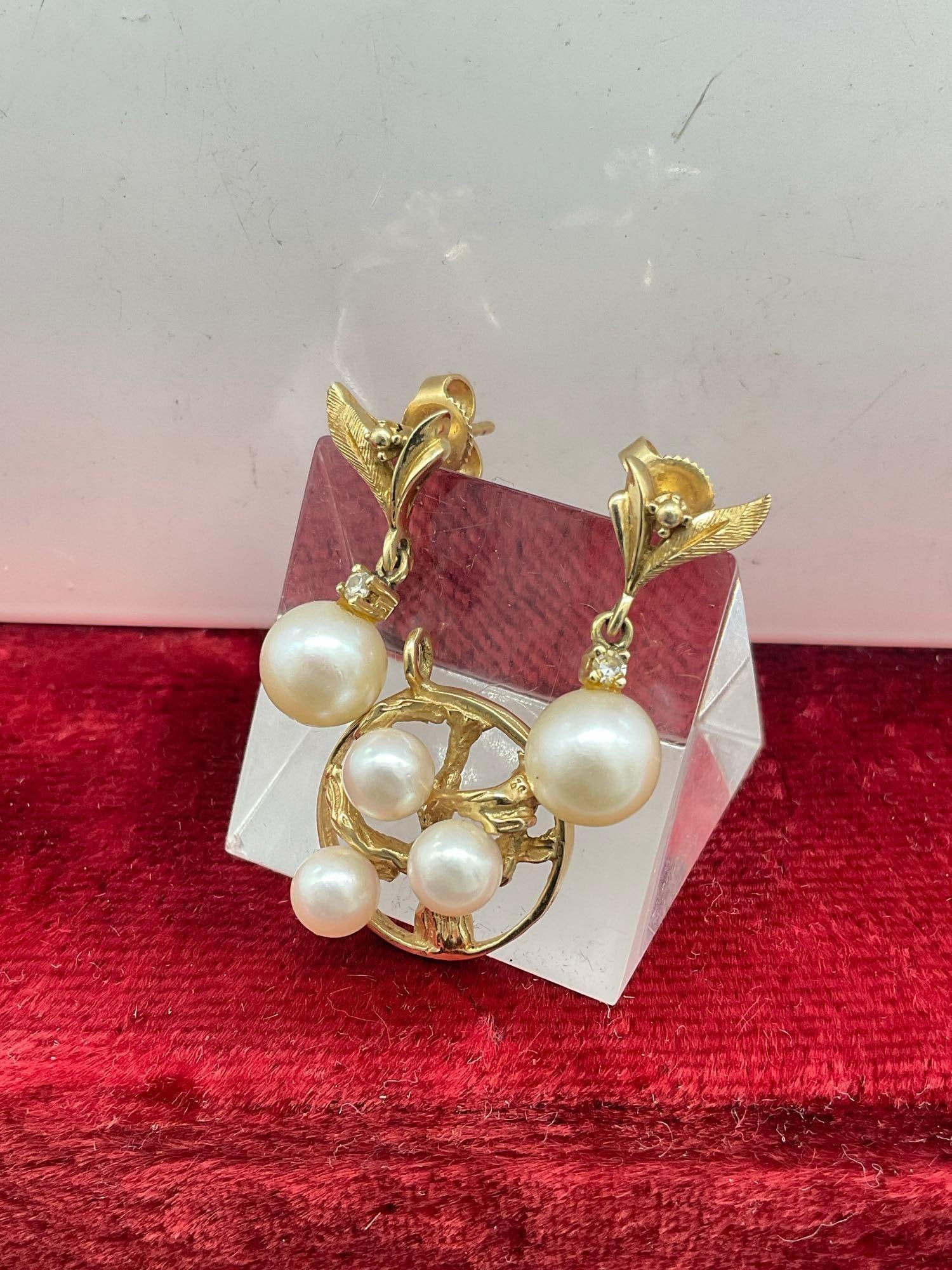 14K gold earrings w/ 7 mm Pearl Drops acented with small Daimond chips & 14K Gold & pearl Pendant - 2