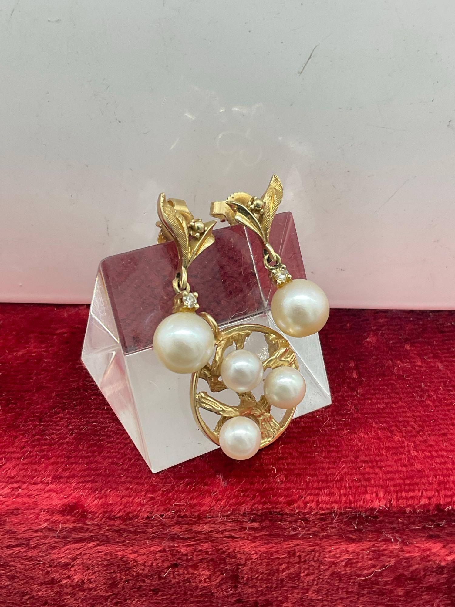 14K gold earrings w/ 7 mm Pearl Drops acented with small Daimond chips & 14K Gold & pearl Pendant - 3
