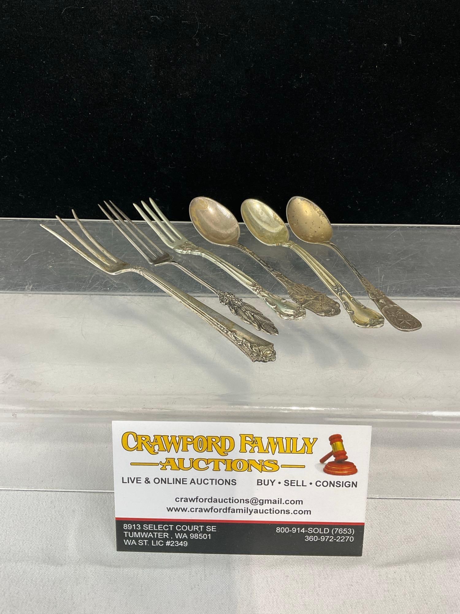 Antique Sterling Silver 3 Spoons & 3 Long Forks, 62.5 grams ttw: Appears to be in good shape. The sterling portion weighs approx 62.5 grams. The piece measures approx 2h x 5w x 3d inches. See pics. E-5720