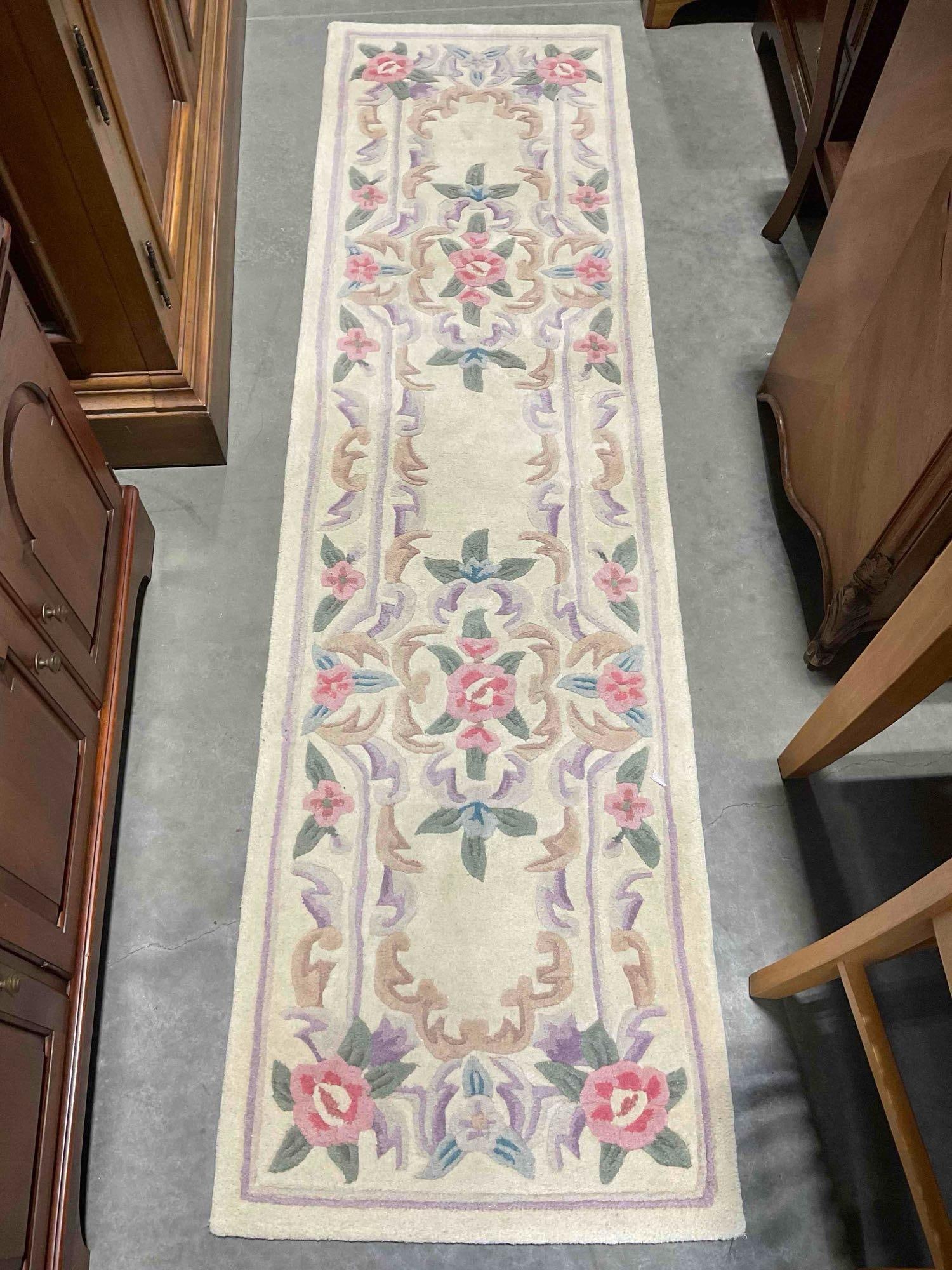 Serena Ivory Wool Pile Runner Rug w/ Floral Design. Very Good Condition. Measures 24" x 90": Serena Ivory Wool Pile Runner Rug w/ Floral Design. Very Good Condition. Measures 24" x 90" minor dirt and wear indicative of age and use, condition is otherwise very good. DM-5730 