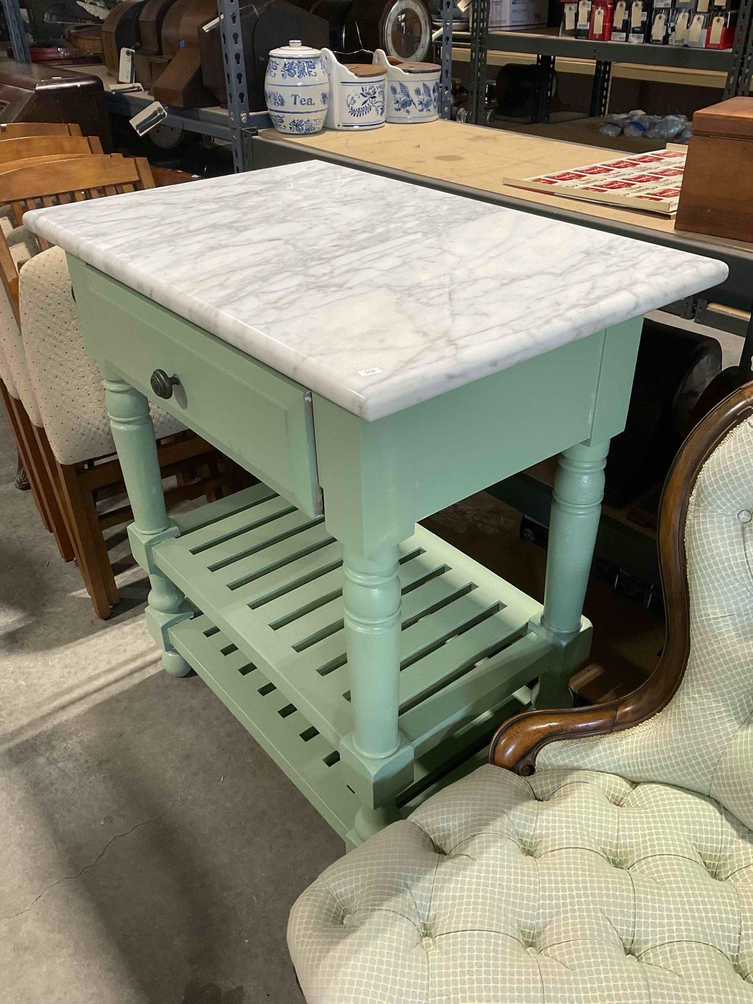 Romweber Mint Green Painted Kitchen Island w/ Grey Marble Counter. Excellent Condition. - 2