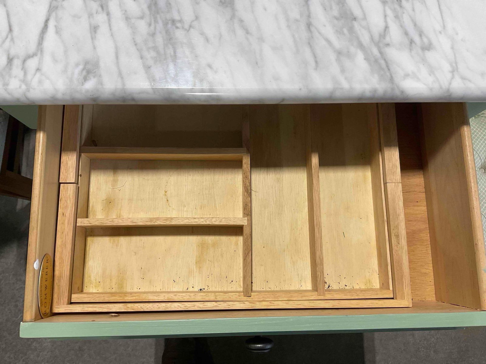 Romweber Mint Green Painted Kitchen Island w/ Grey Marble Counter. Excellent Condition. - 6