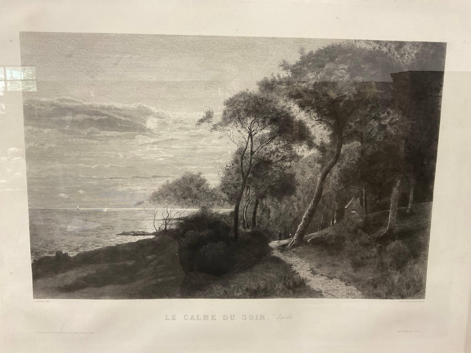 Lovely Framed B&W Print titled Le Calme du Soir Suede, 27h x 36w x 3d inches, Shoreline Path - 2