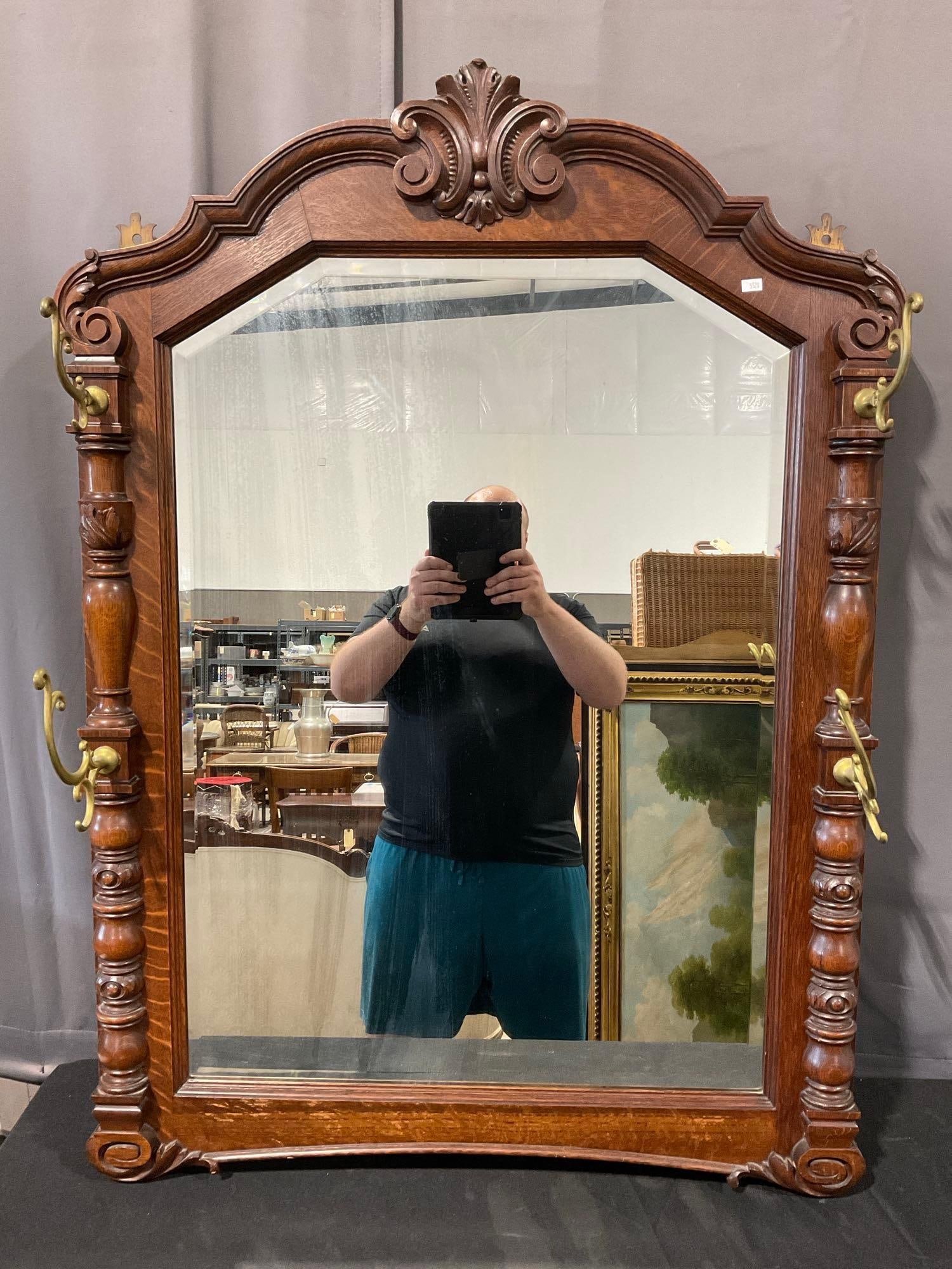 Antique Victorian Tiger Oak Hall Mirror, Ornate Carved Wood Details & 4 Brass Coat Hooks, 48x25 i...:  Appears to be in good shape. The piece measures approx 48h x 25w x 5d inches if the hooks are removed. See pics. E-5520 *Freight Required if shipped, Buyer Arranged/Responsibility* 