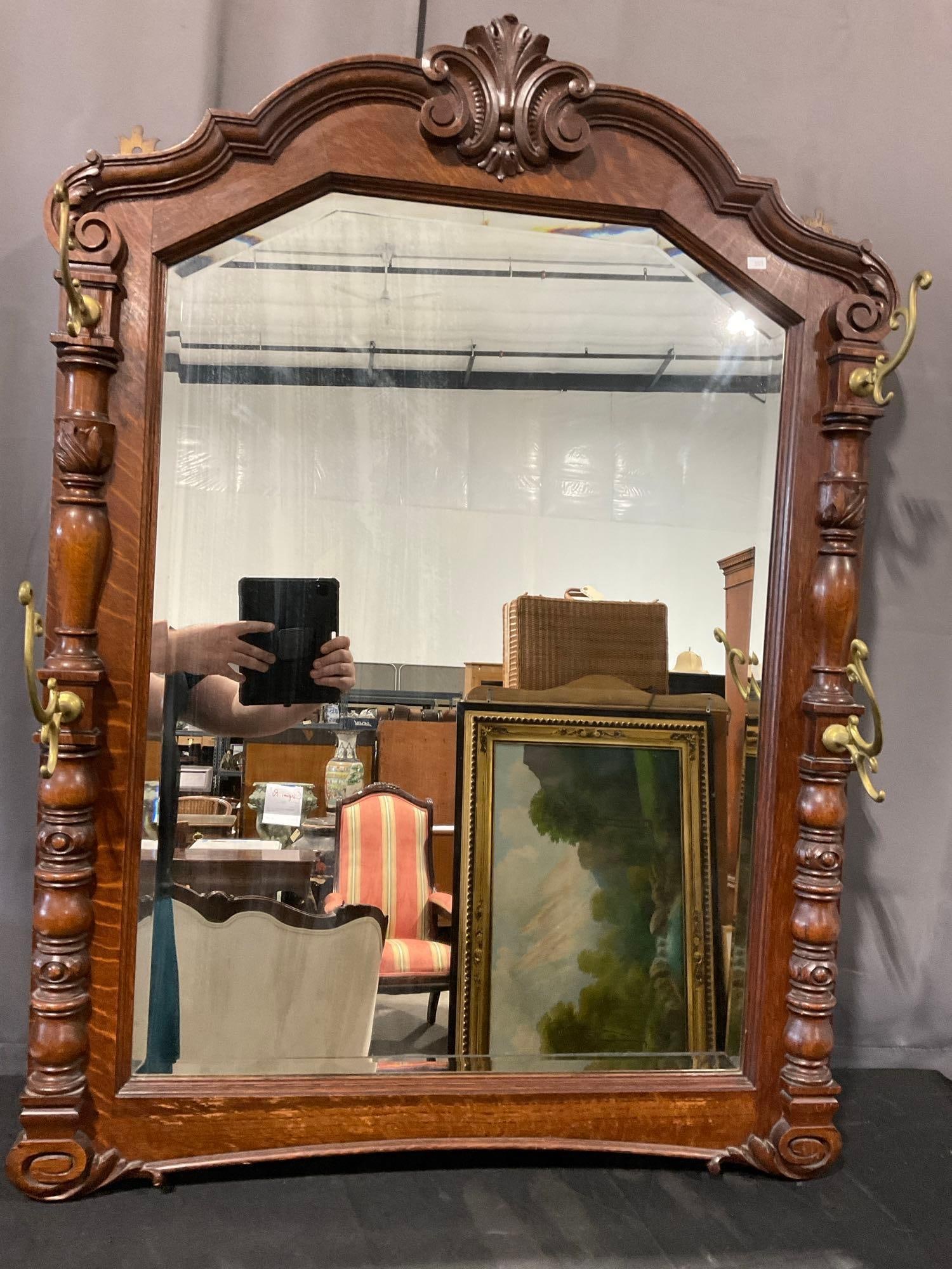 Antique Victorian Tiger Oak Hall Mirror, Ornate Carved Wood Details & 4 Brass Coat Hooks, 48x25 i... - 2