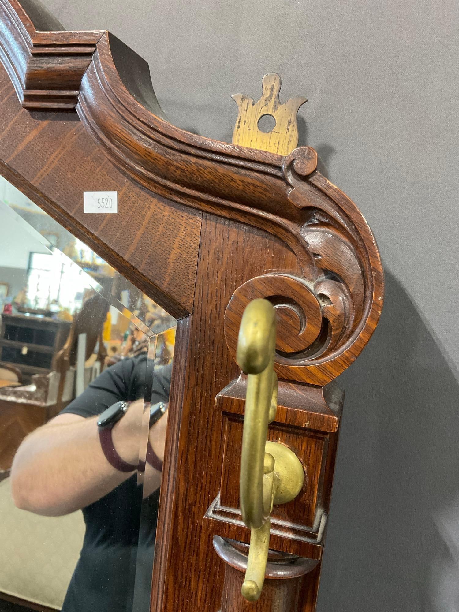 Antique Victorian Tiger Oak Hall Mirror, Ornate Carved Wood Details & 4 Brass Coat Hooks, 48x25 i... - 4