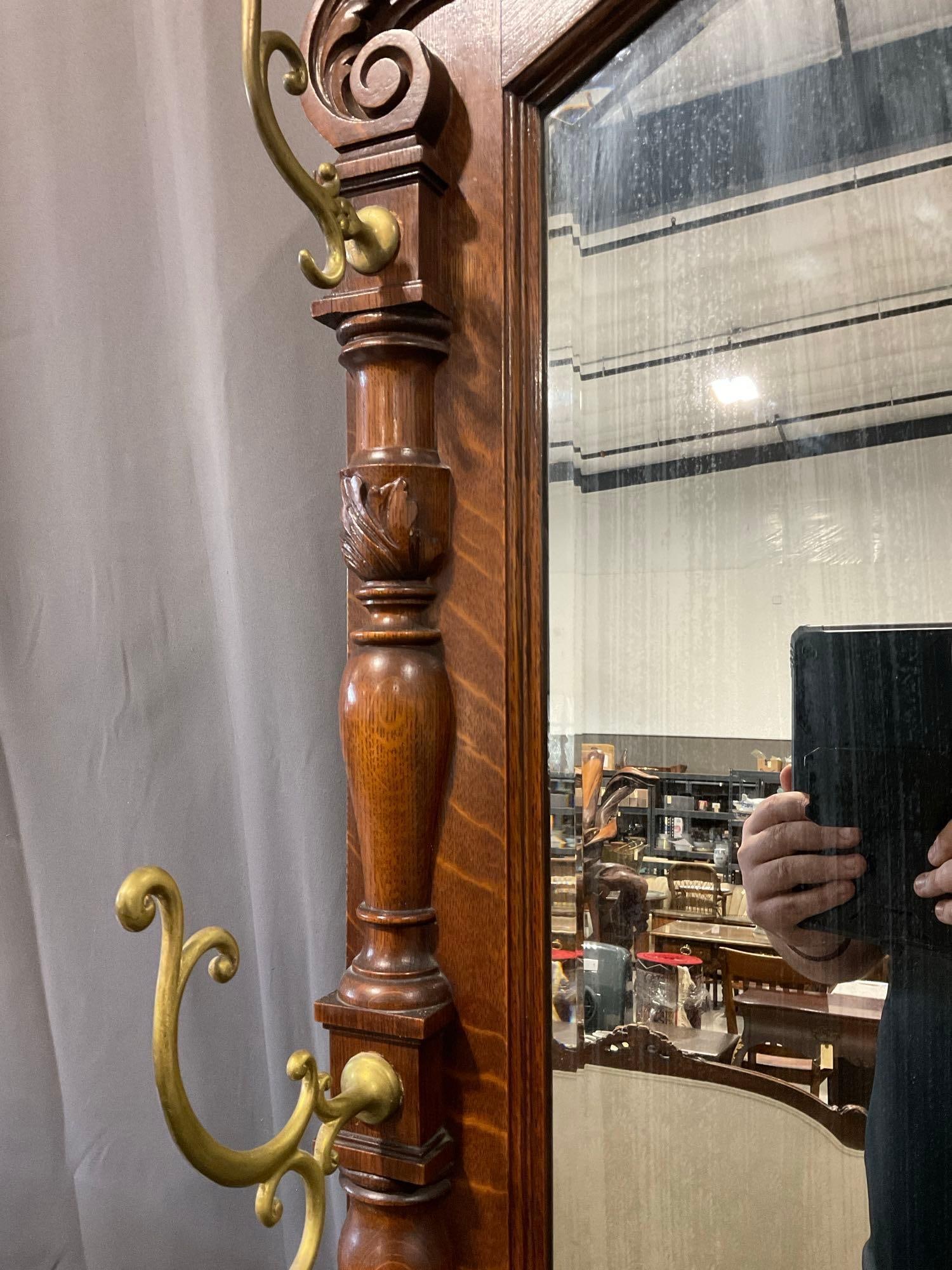 Antique Victorian Tiger Oak Hall Mirror, Ornate Carved Wood Details & 4 Brass Coat Hooks, 48x25 i... - 5