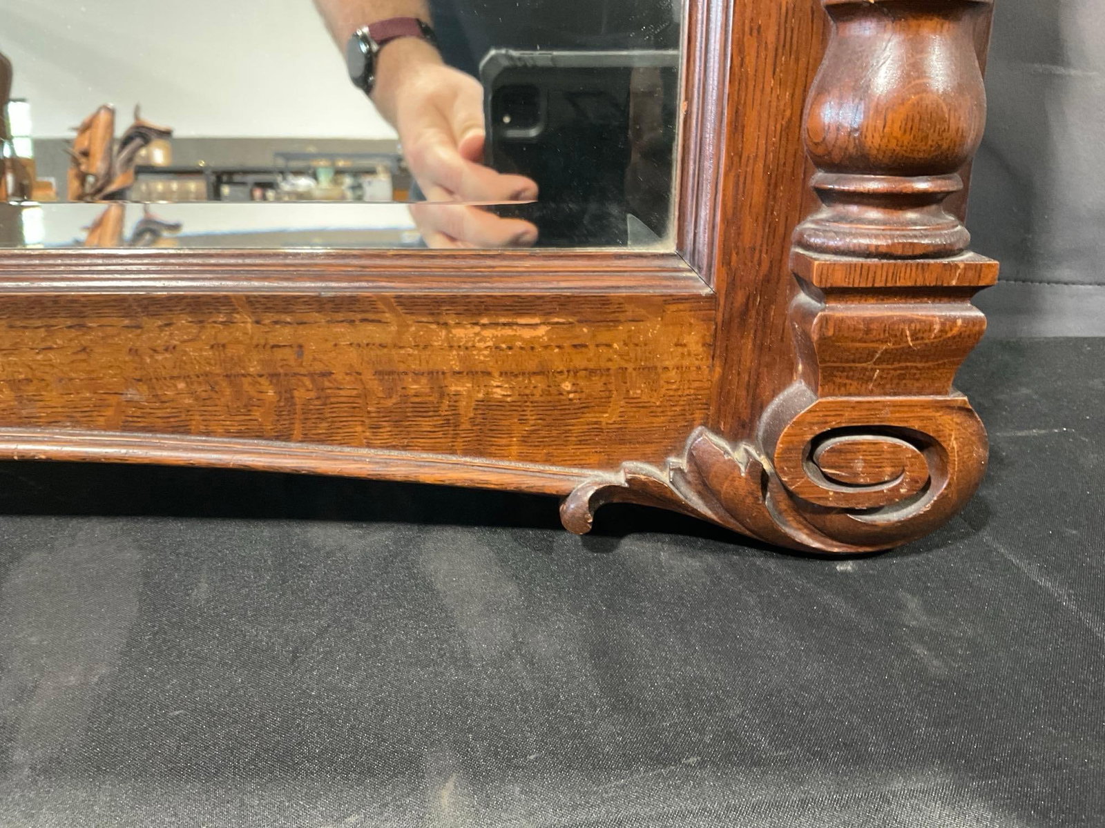 Antique Victorian Tiger Oak Hall Mirror, Ornate Carved Wood Details & 4 Brass Coat Hooks, 48x25 i... - 6