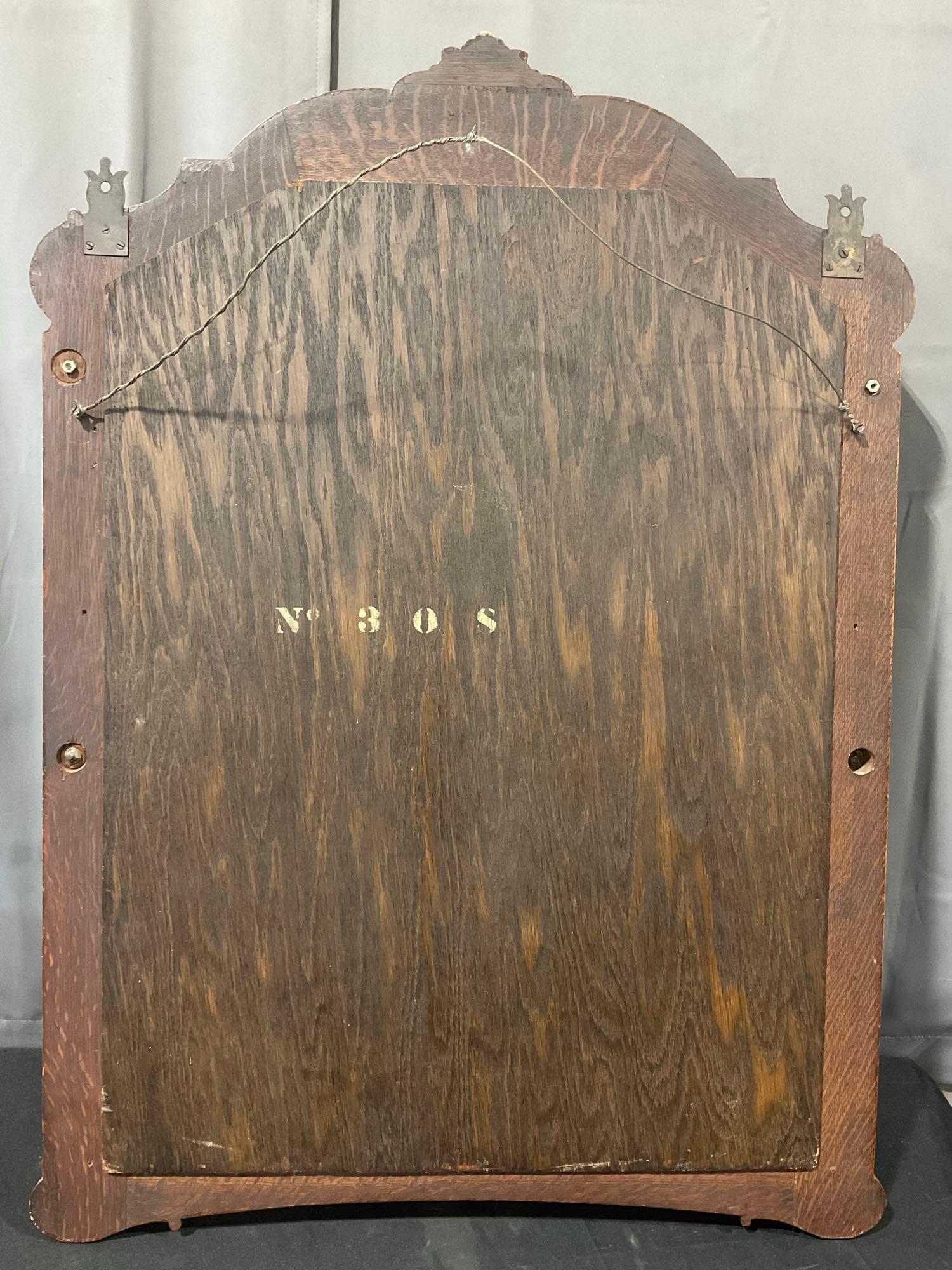 Antique Victorian Tiger Oak Hall Mirror, Ornate Carved Wood Details & 4 Brass Coat Hooks, 48x25 i... - 7