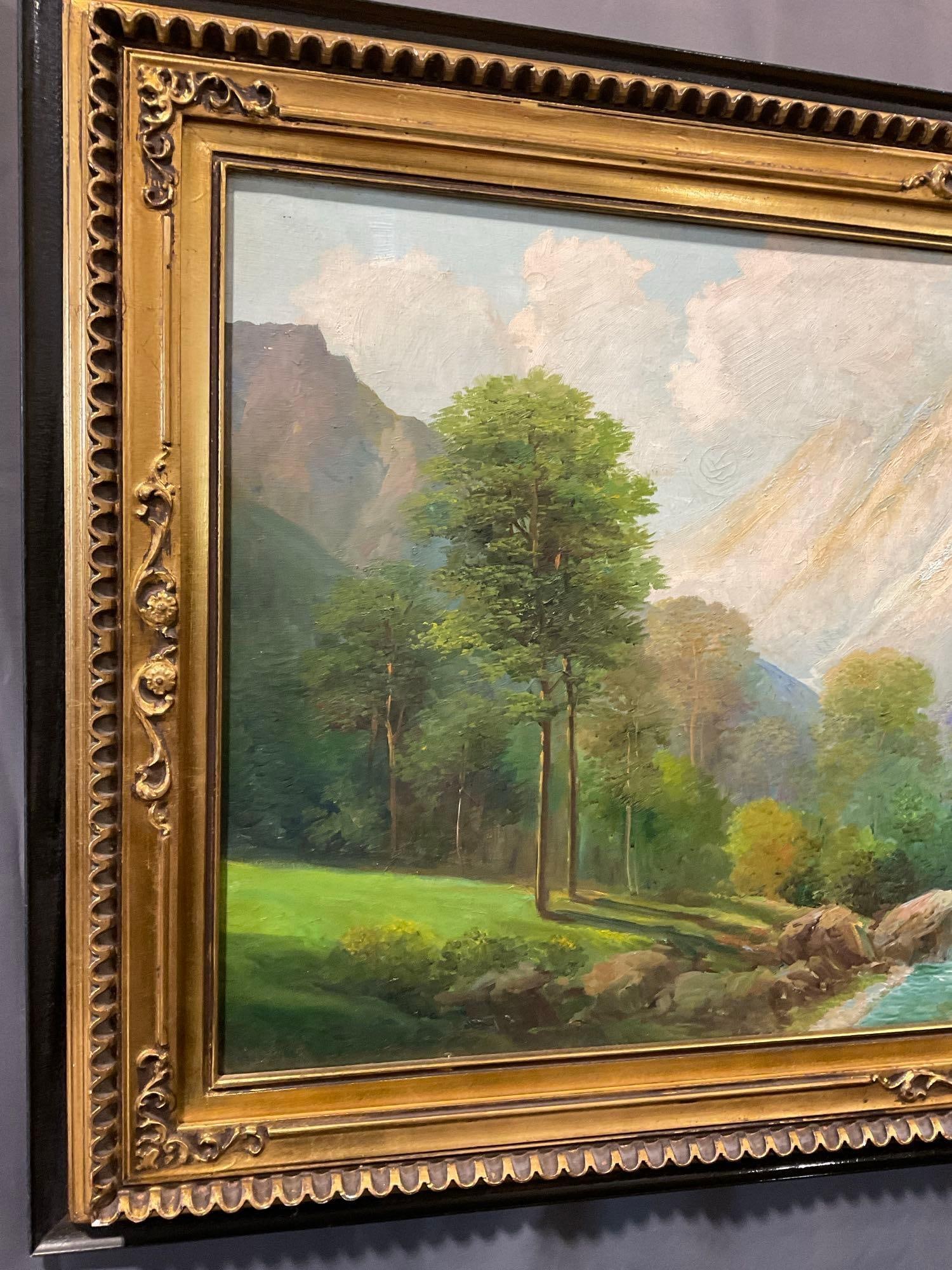 Vintage Framed Large Oil on Canvas, Valley River scene, signed by Giuseppe bonacina - 2