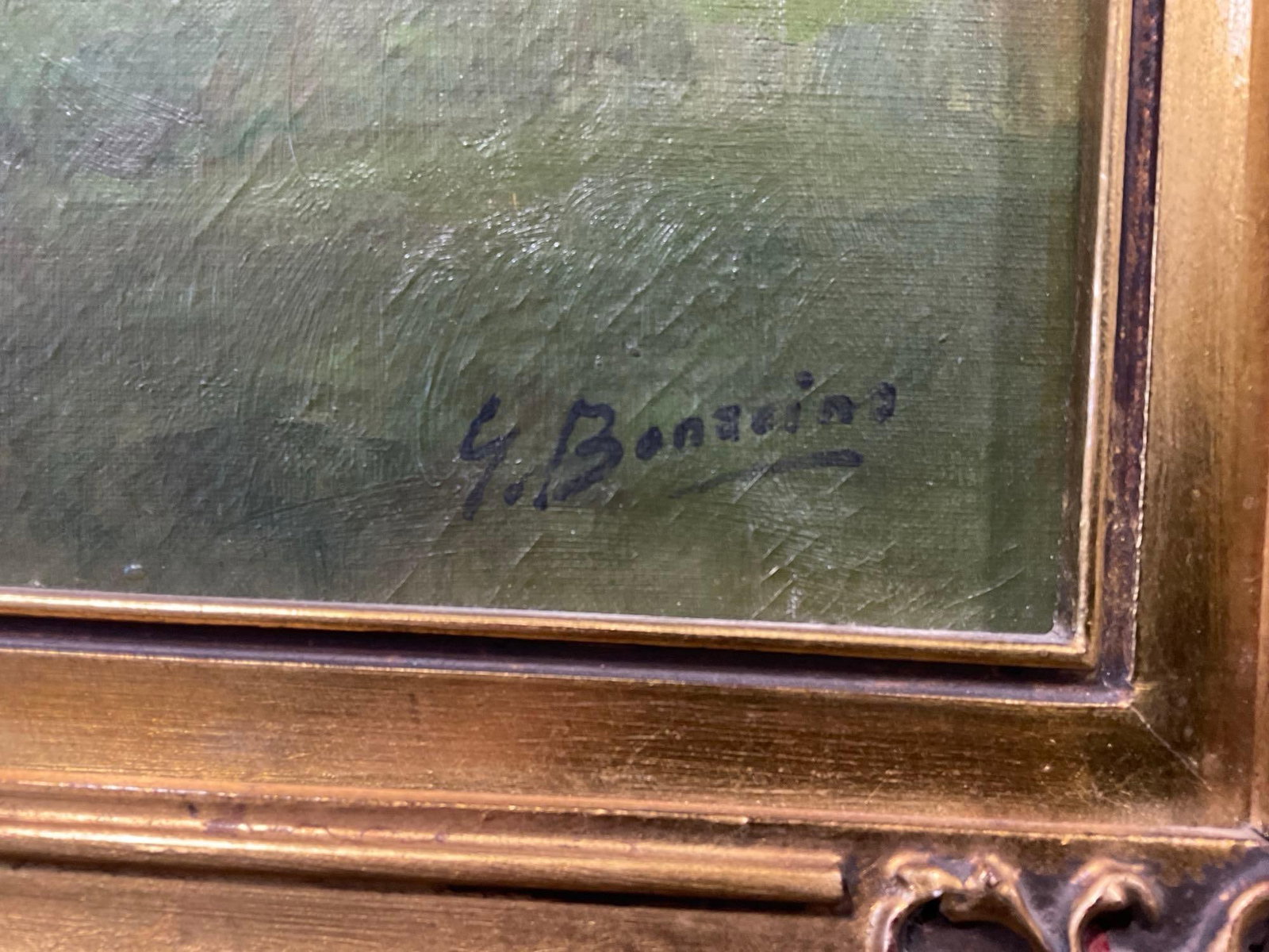 Vintage Framed Large Oil on Canvas, Valley River scene, signed by Giuseppe bonacina - 5