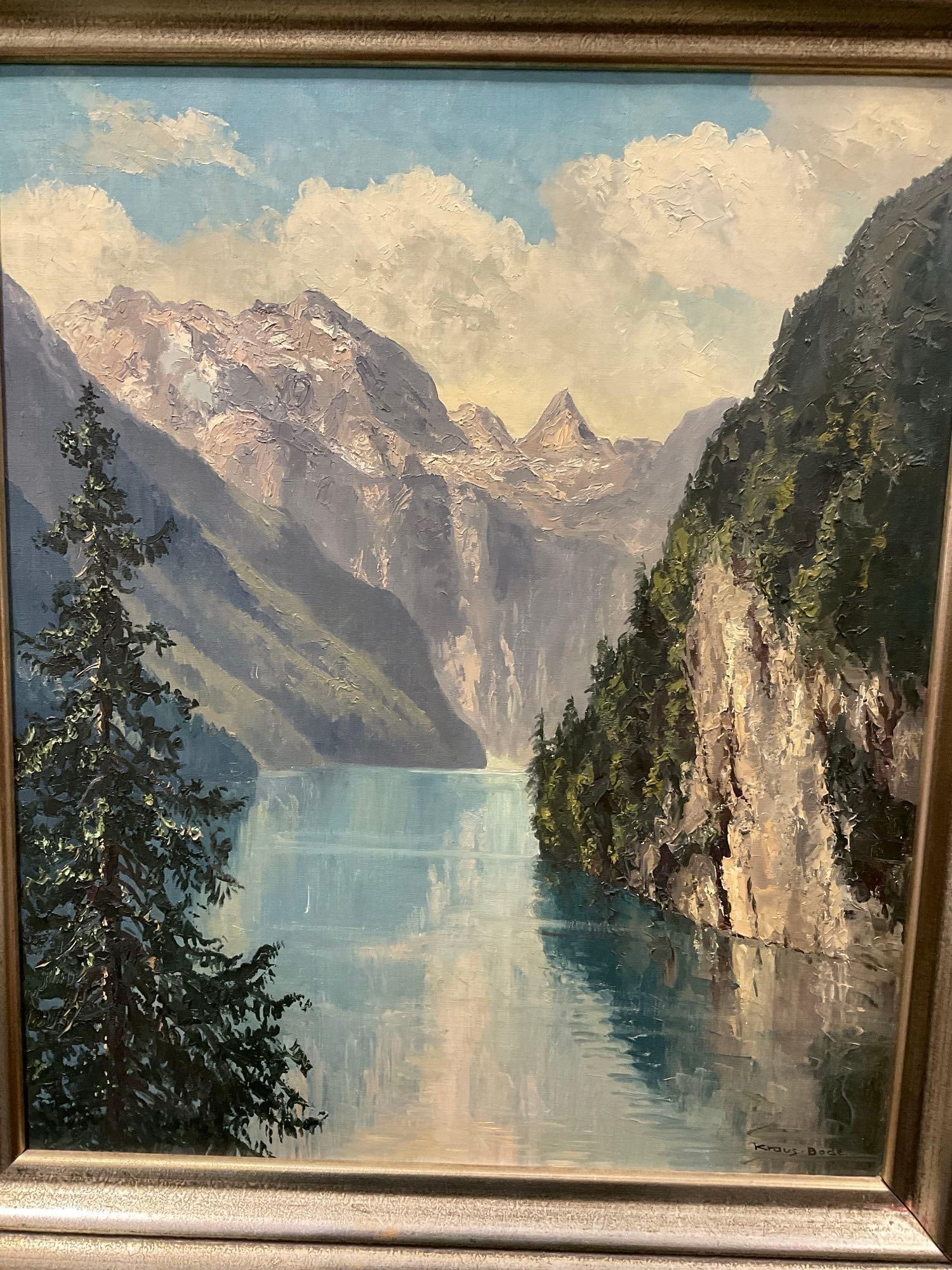 Antique ? Framed Oil on Canvas, Mountain Lake by Kraus Bode, 29h x 25w x 3d inches - 2