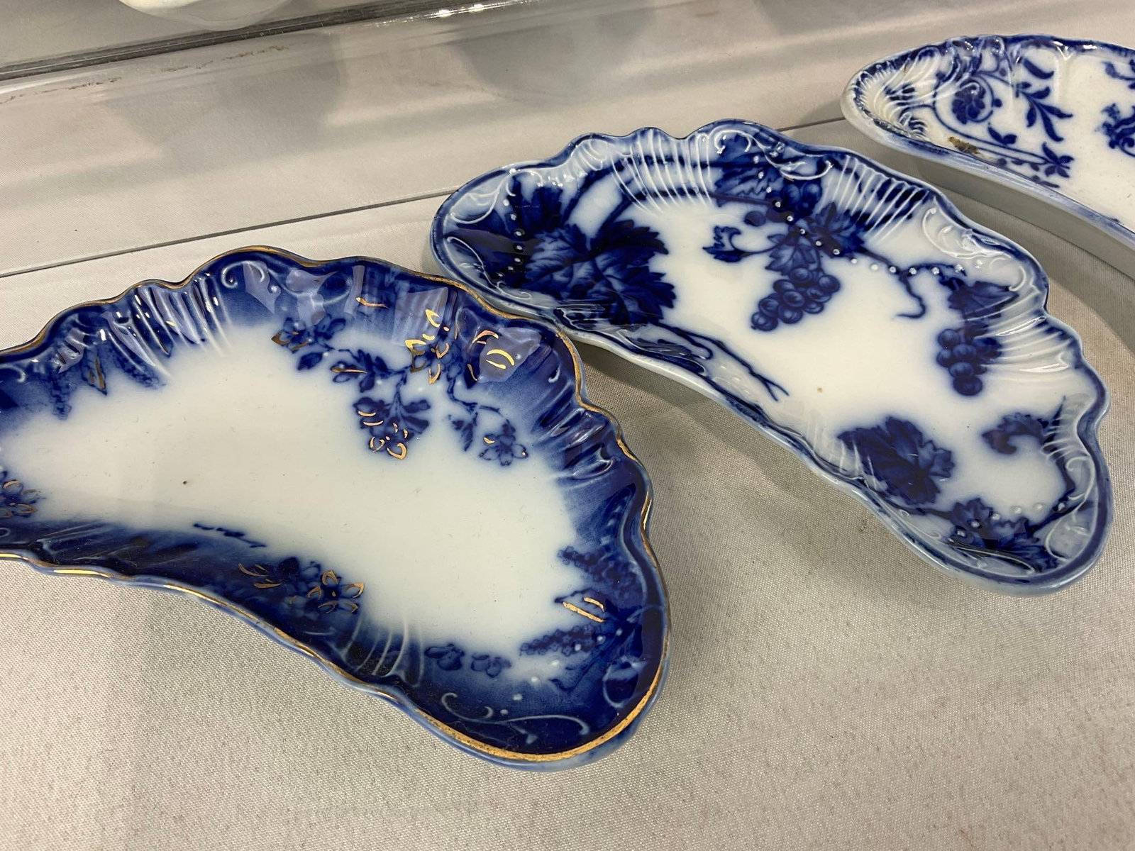 Antique Flow Blue & White Transferware Porcelain Bone Dishes, Scalloped Edge, 4h x 7w x 5d inches - 2
