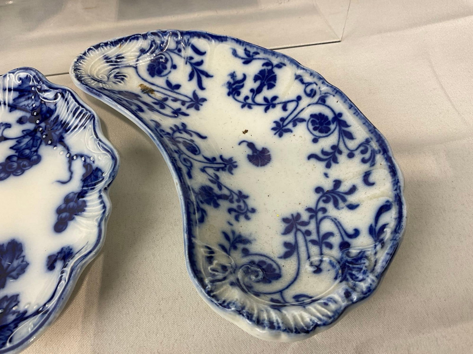 Antique Flow Blue & White Transferware Porcelain Bone Dishes, Scalloped Edge, 4h x 7w x 5d inches - 3