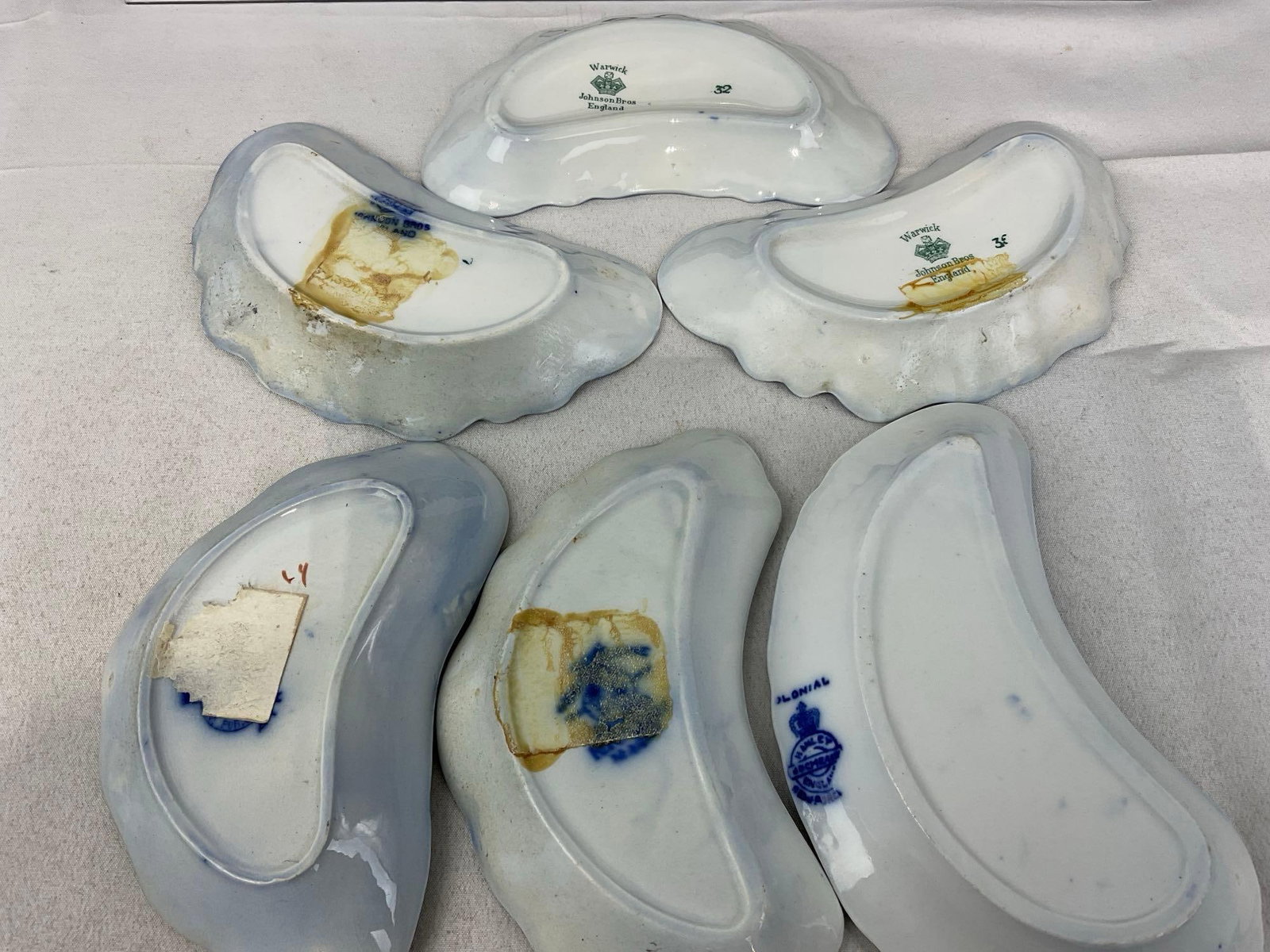 Antique Flow Blue & White Transferware Porcelain Bone Dishes, Scalloped Edge, 4h x 7w x 5d inches - 6