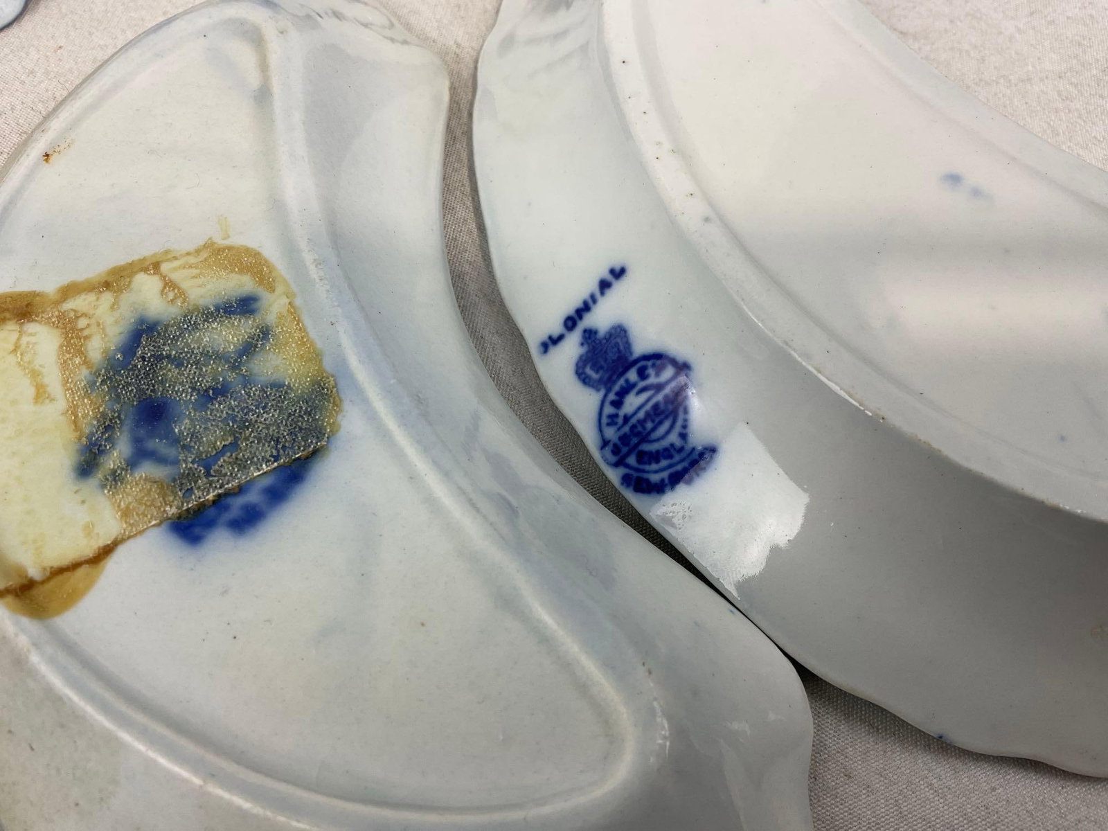 Antique Flow Blue & White Transferware Porcelain Bone Dishes, Scalloped Edge, 4h x 7w x 5d inches - 7