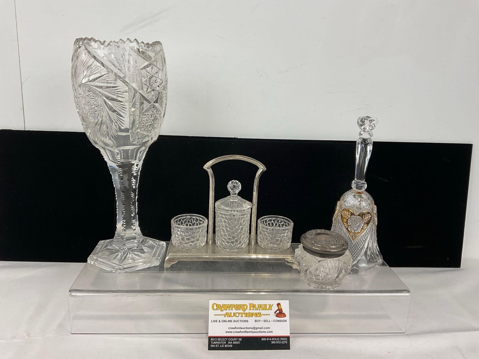 Large Crystal Goblet, Bell, Sugar Bowl w/Sterling Lid, 3 pc Condiment Set w/Glass Bottles: Appears to be in good shape. The pieces fit in a box that measures approx 7h x 9w x 12d inches. See pics. E-5520 