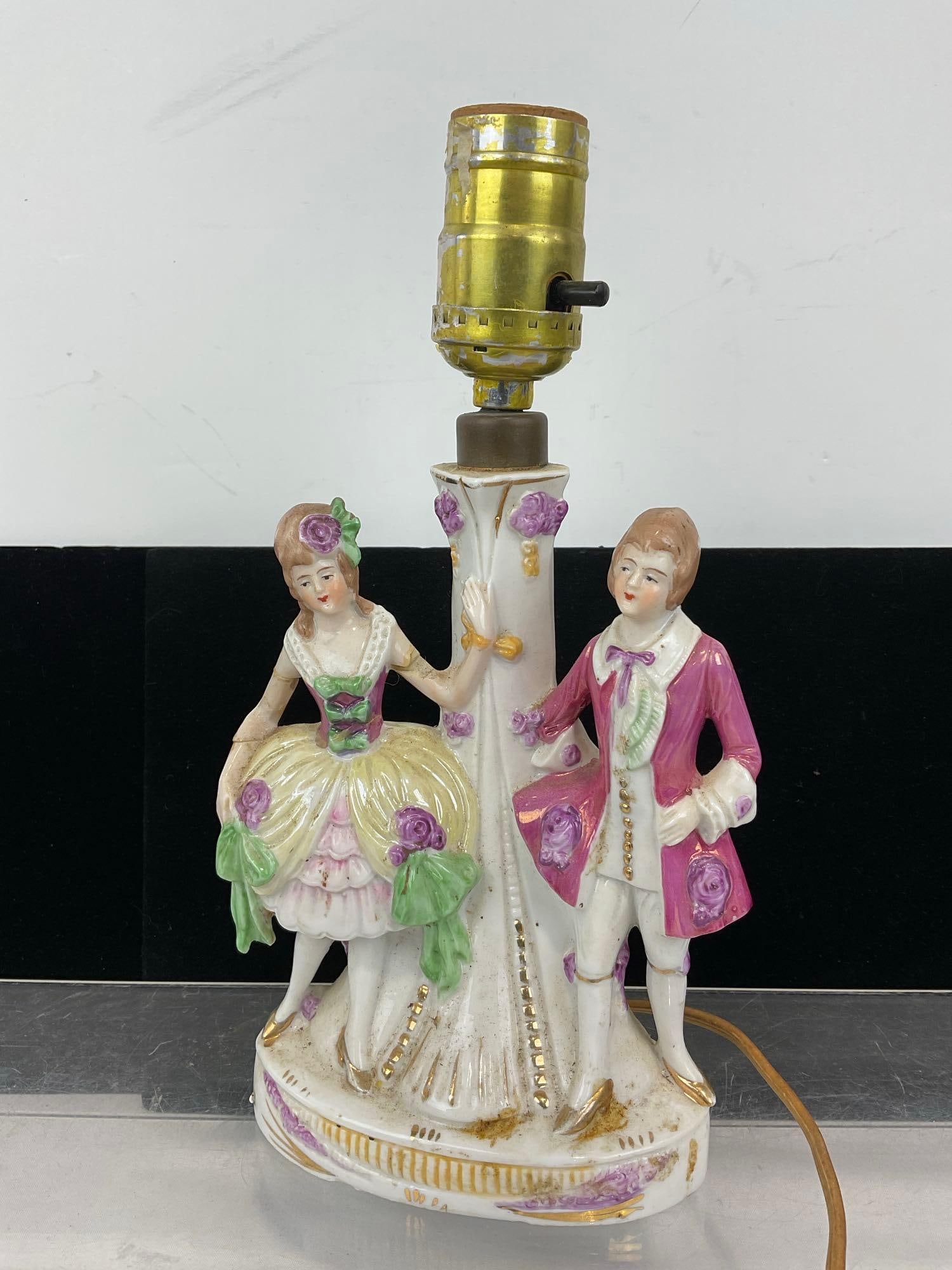 Dresden German Lamp, tested & working, #17441, 11h x 6w x 4d inches, no shade: Appears to be in fair to good shape, the arm on the side has been repaired previously. The piece measures approx 11h x 6w x 4d inches. See pics. E-5720 
