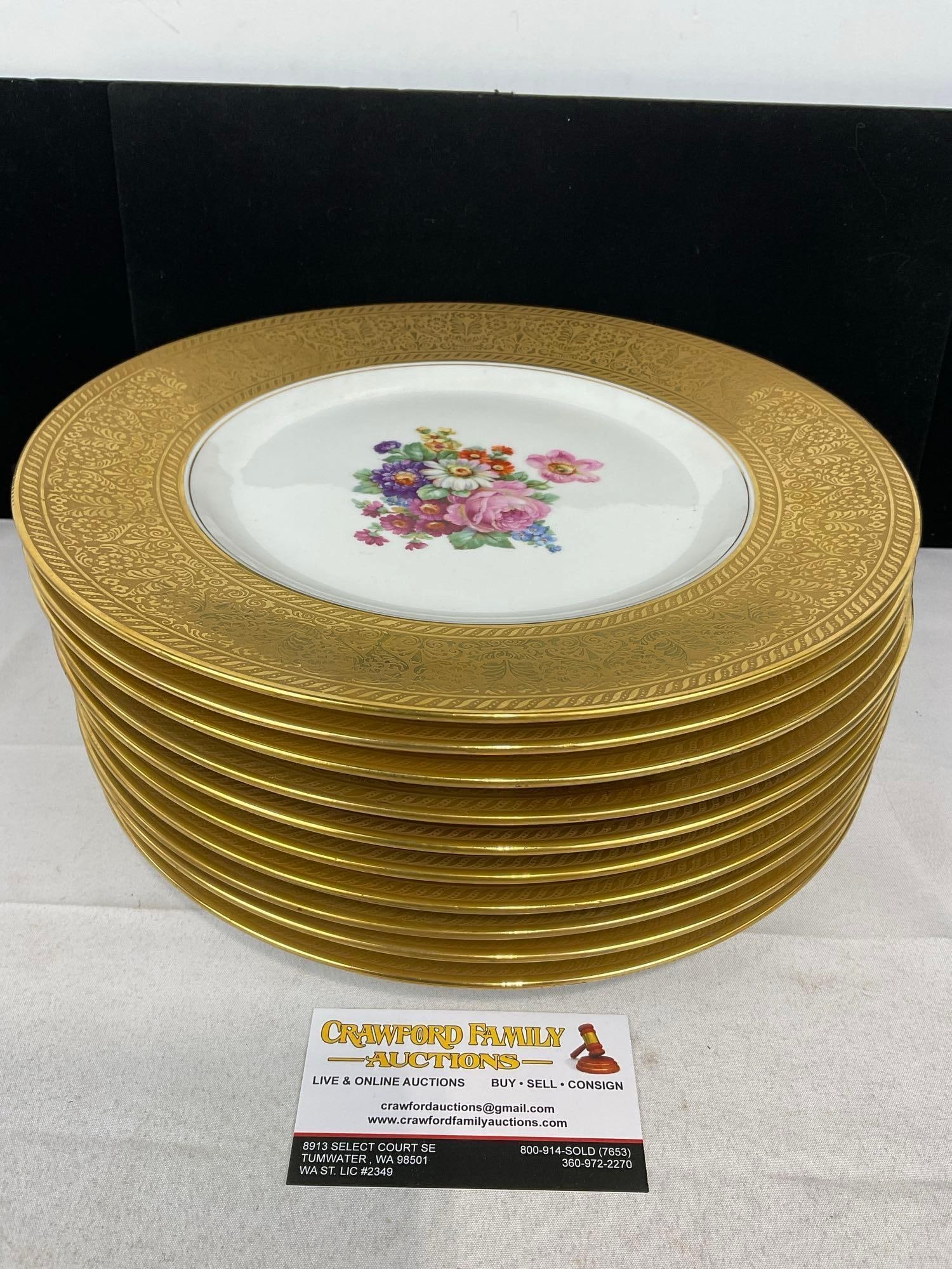 Set of 10 K&A Krautheim Selb Bavaria Plates w/wide gilt rim, 6h x 12w x 12d inches: Appears to be in good shape. The piece measures approx 6h x 12w x 12d inches. See pics. E-5720 