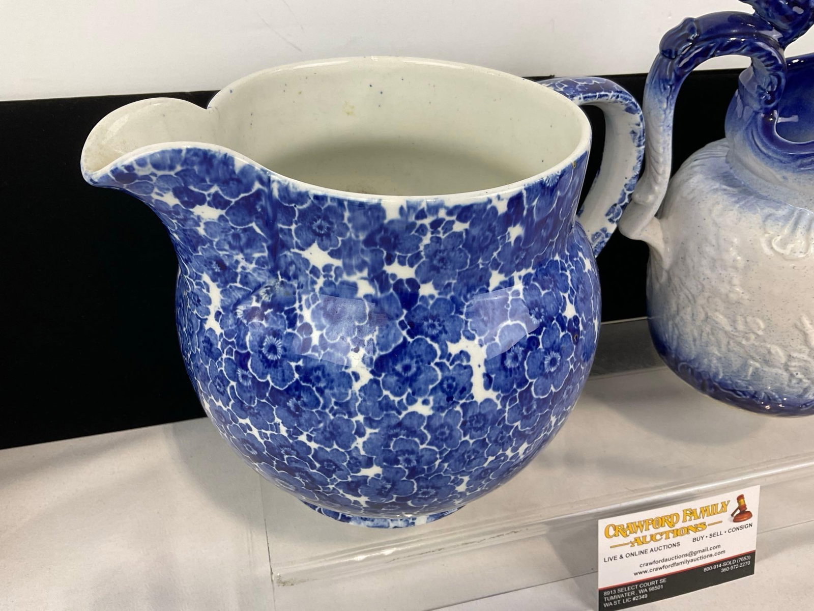 Pair of Pitchers, Windflower Leighton Pottery Transferware & Rockingham Bule Ombre, 15x10x7 inches - 2