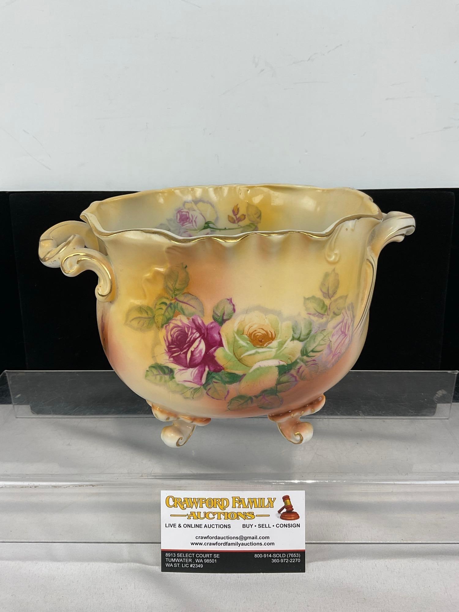 Antique Porcelain Jardiniere, Footed Bowl, 7h x 10 x 7d inches, unmarked: Appears to be in good shape. The piece measures approx 7h x 10w x 7d inches. See pics. E-5520 