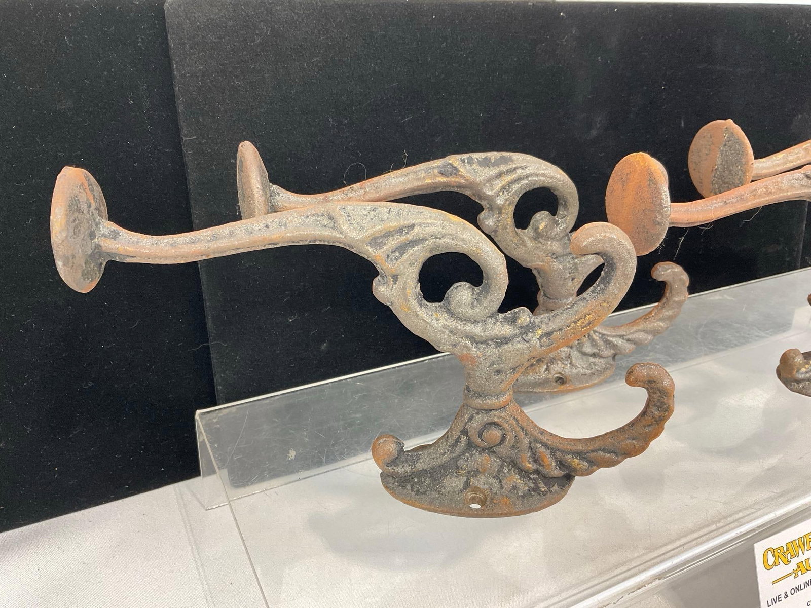 4 Cast Iron Coat Hooks, Wall Mounted some oxidation, 8h x 9w x 5d inches - 2