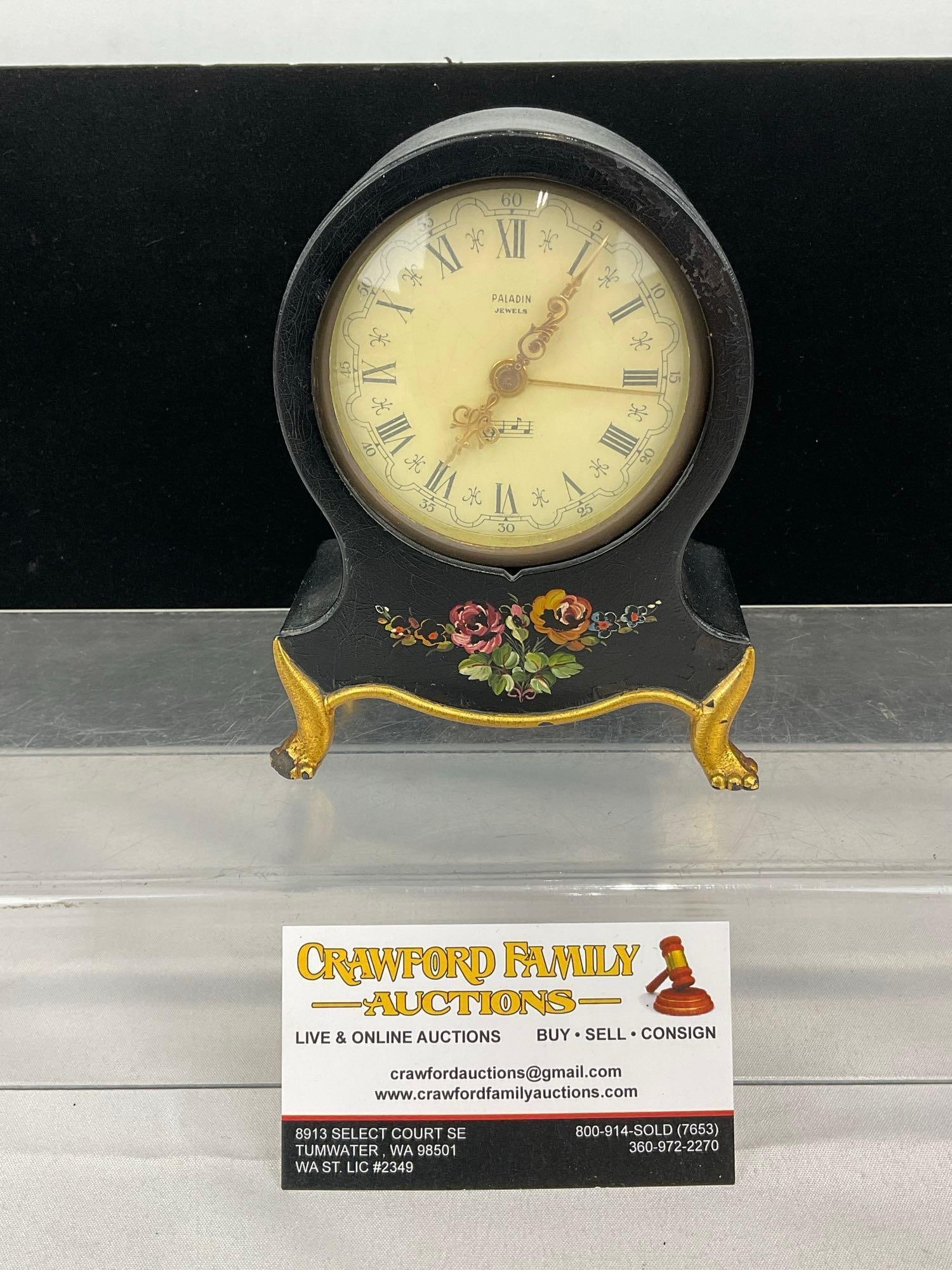 Vintage Paladin Jewels Musical Alarm Mantel Clock plays Kiss Waltz, 6h x 5w x 3d inches: Appears to be in good shape. The piece measures approx 6h x 5w x 3d inches. See pics. E-5520 