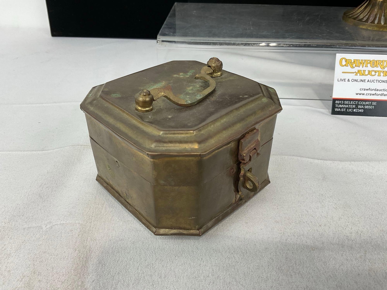 Antique Universal Lamp Co Auto Lite, Solid Brass Soap Dish & Brass Cricket Cage Trinket Box - 2