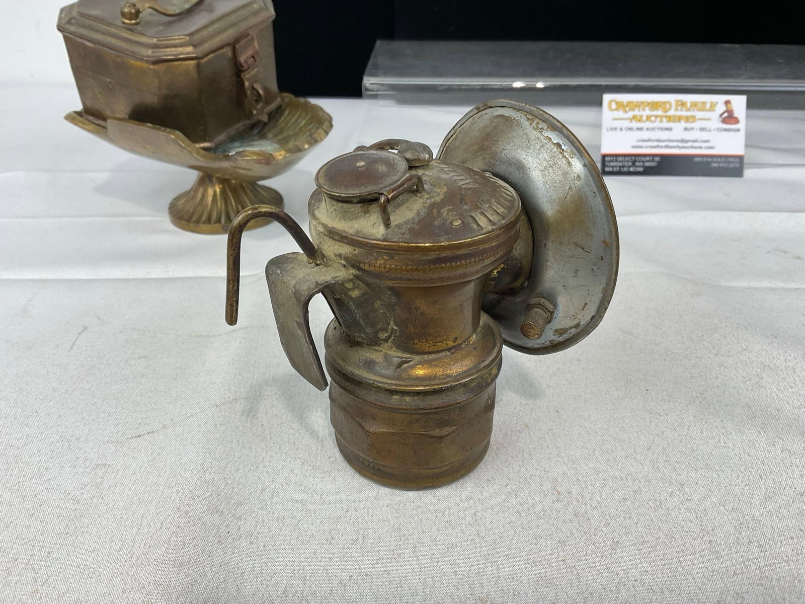 Antique Universal Lamp Co Auto Lite, Solid Brass Soap Dish & Brass Cricket Cage Trinket Box - 7