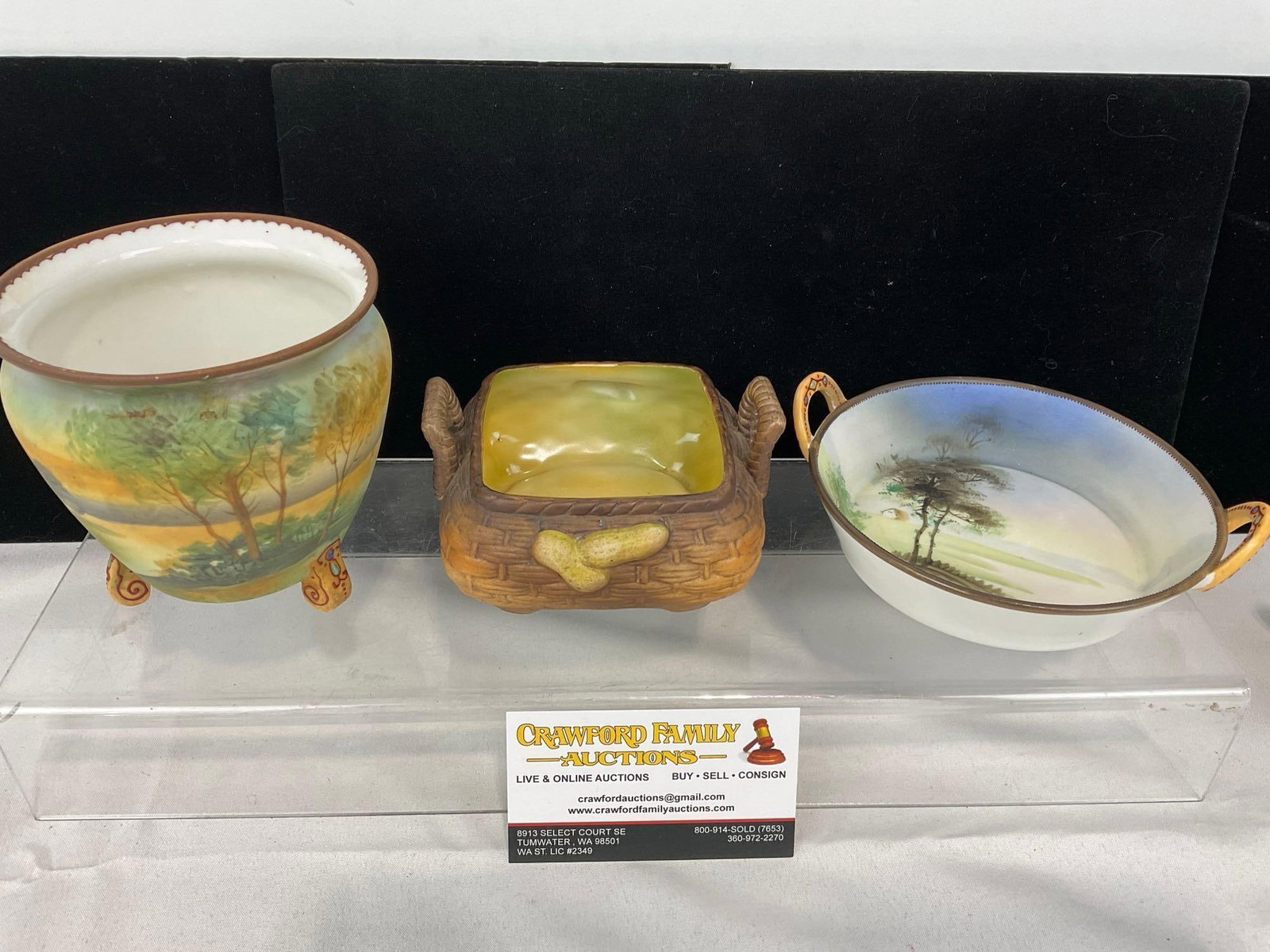 3 Nippon China pieces, Peanut Basket, Handpainted Footed Vase & Low Bowl w/handles: Appears to be in good shape. The piece measures approx 8h x 7w x 7d inches. See pics. E-5700 