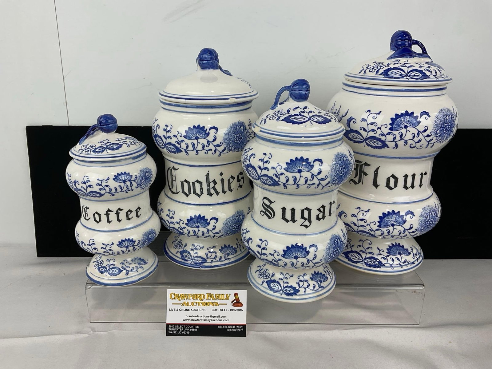 4 Condiment Canisters, Porcelain Blue Onion Pattern, made in Japan, Blue/White, Coffee, Cookies, ... (1 of 5)