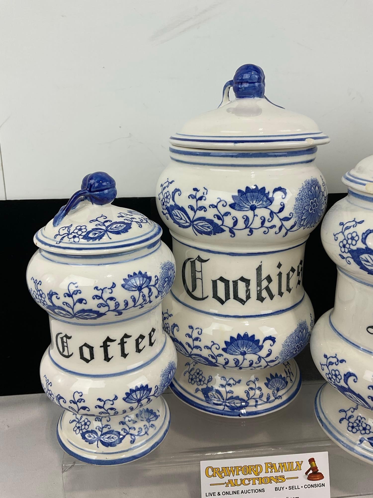 4 Condiment Canisters, Porcelain Blue Onion Pattern, made in Japan, Blue/White, Coffee, Cookies, ... - 2