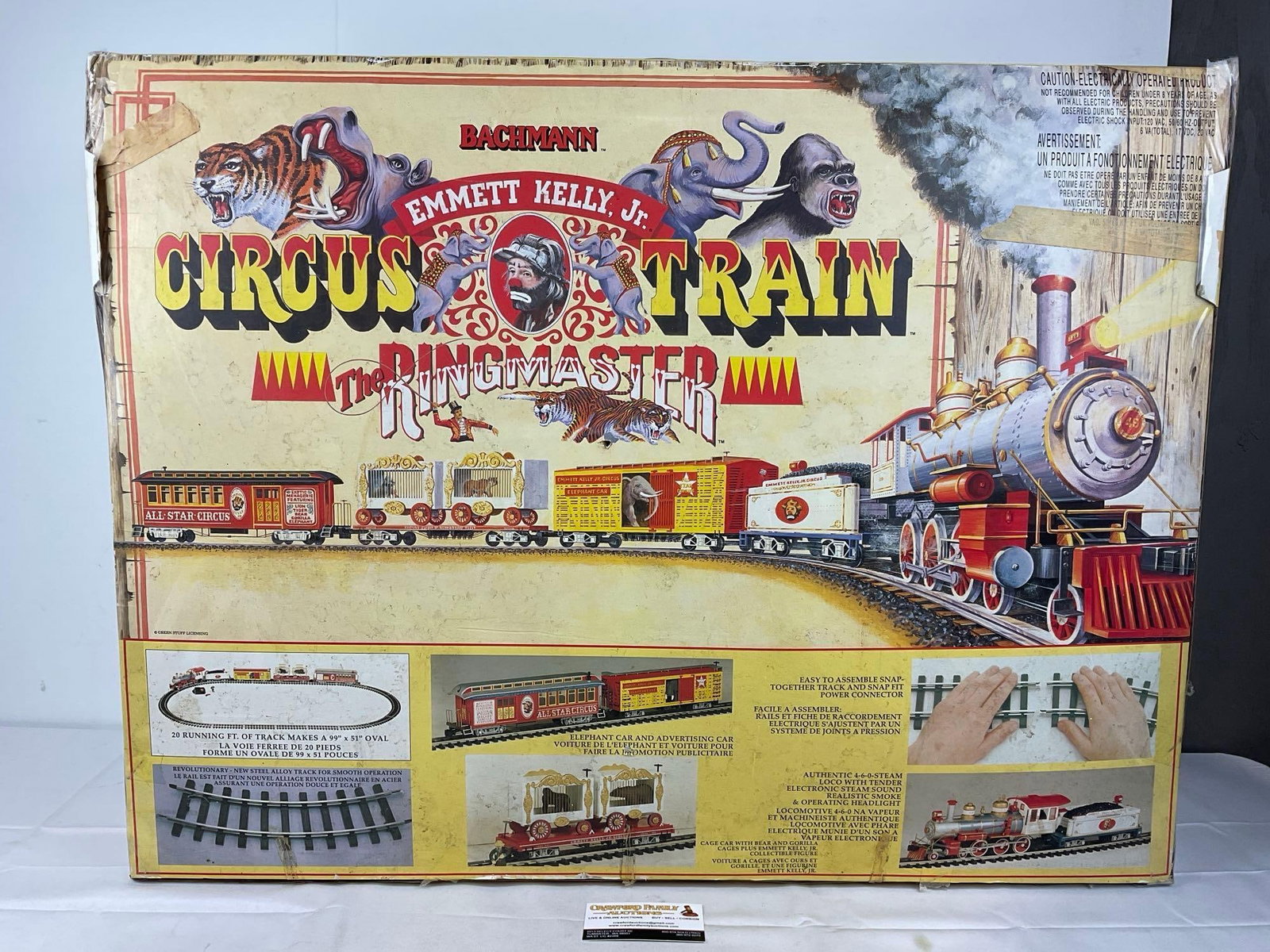 Bachmann Emmett Kelly Jr Circus Train the Ringmaster Train Set in original box 26h x 33w x 8d inc...: Appears to be in fair to good shape. The piece measures approx 26h x 33w x 8d inches. See pics. E-5520 