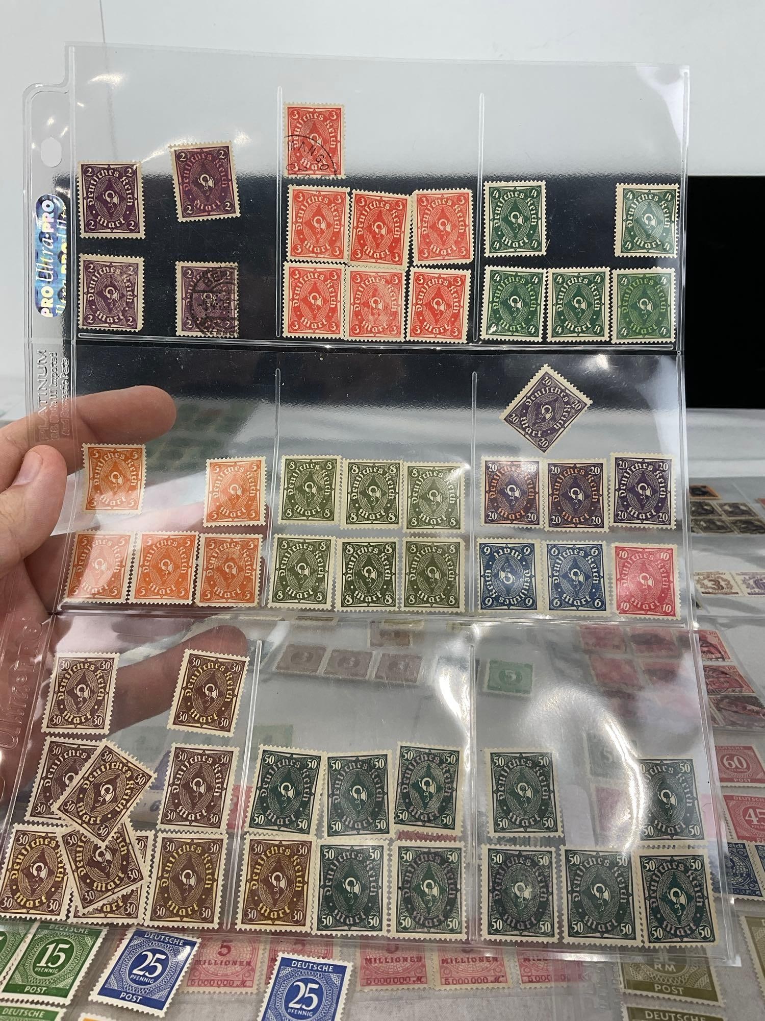 300+ Stamps, in binder pages, mostly German, Vintage/Antique 13h x 10w x 2d, Saufend, Marks & more - 10